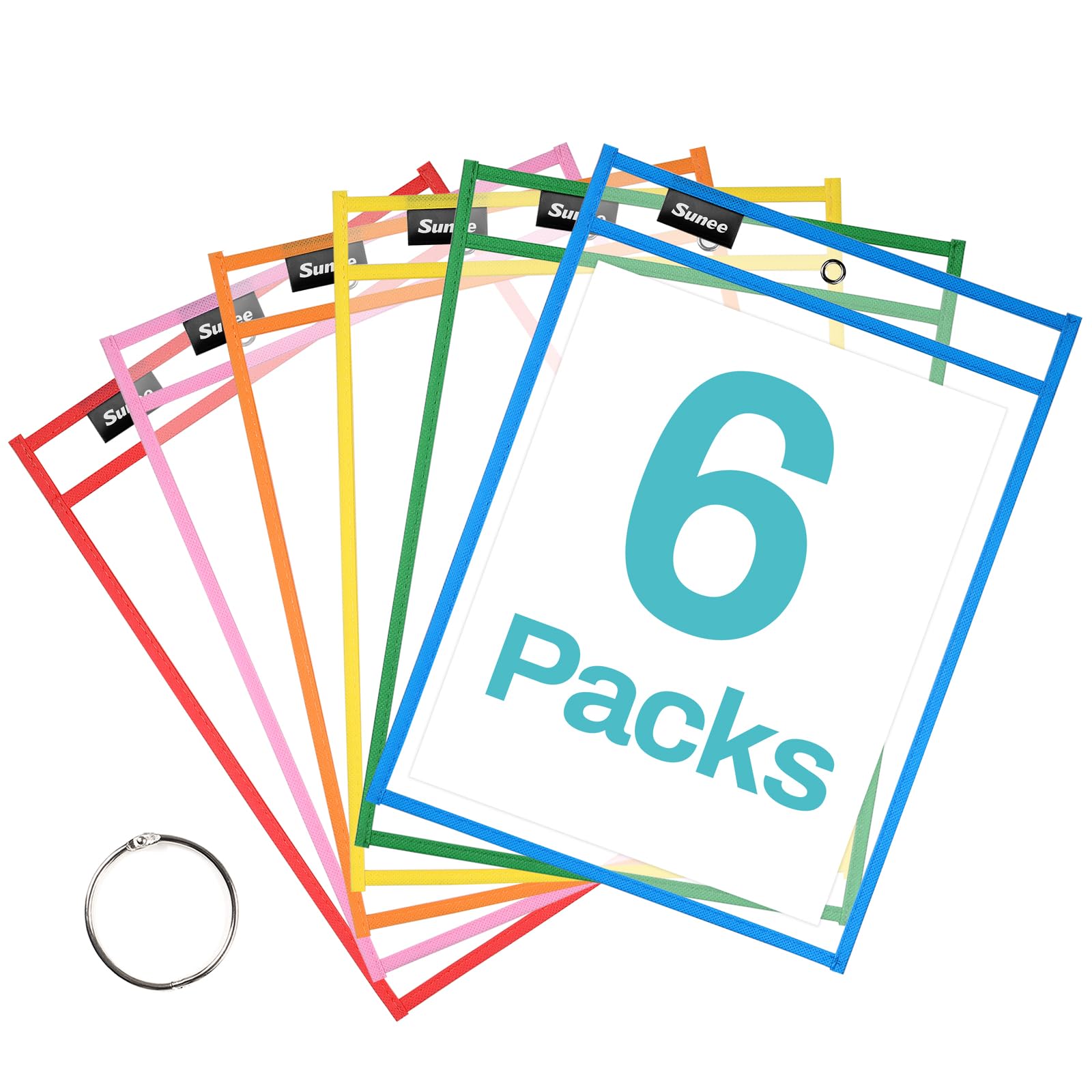 SUNEE 6 Packs Oversized Reusable Dry Erase Pocket Sleeves with Binder Ring, 6 Assorted Colors 10x14 Ticket Holders, Clear Plastic Sheet Protectors, Teacher School Classroom Supplies