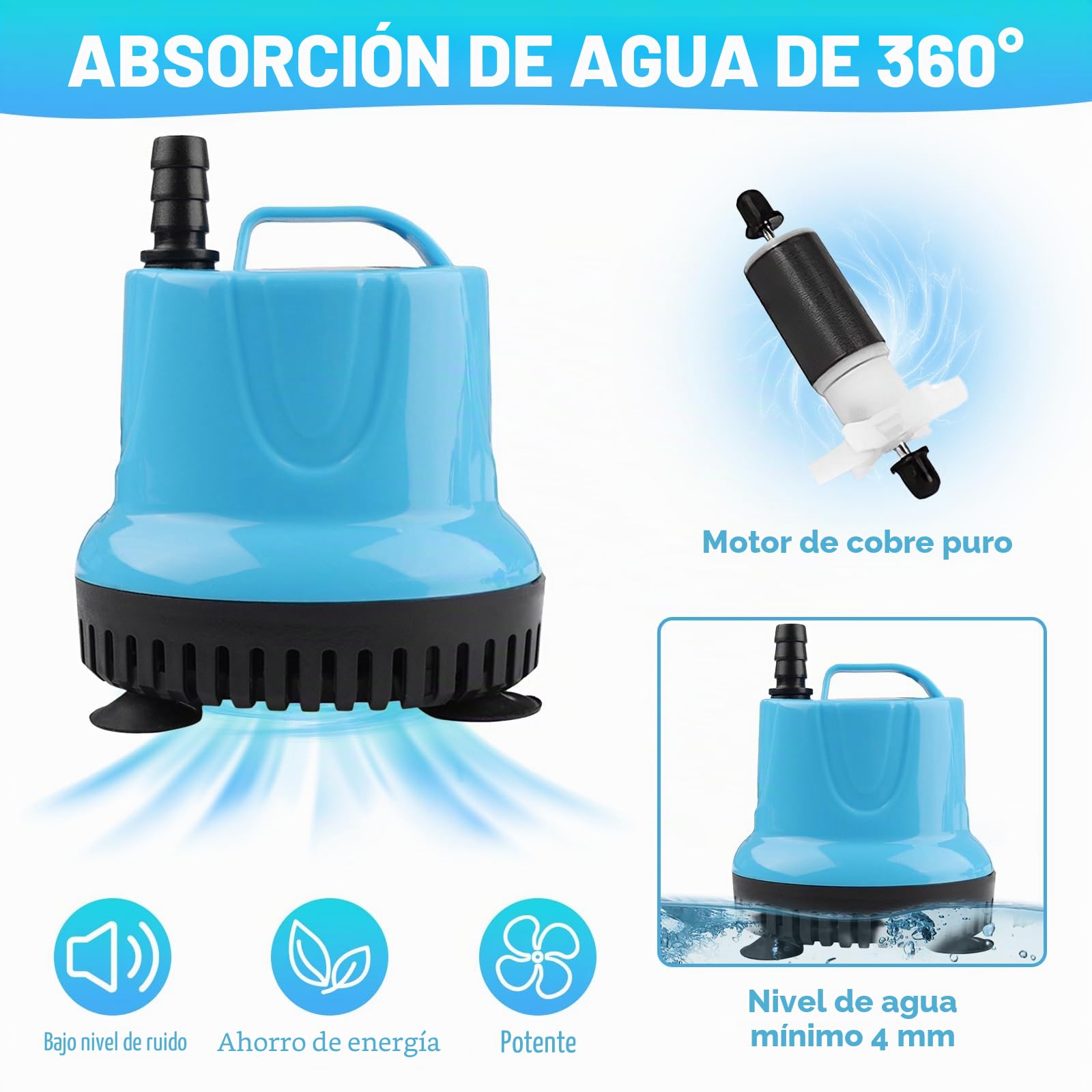 Mini-bomba de agua de 20 W, 1500 l/h, bomba sumergible pequeña, con 3 boquillas y manguera de 1,5 m, bomba de acuario ultra silenciosa, subacuática, para jardines, acuario, estanque, fuente (azul)