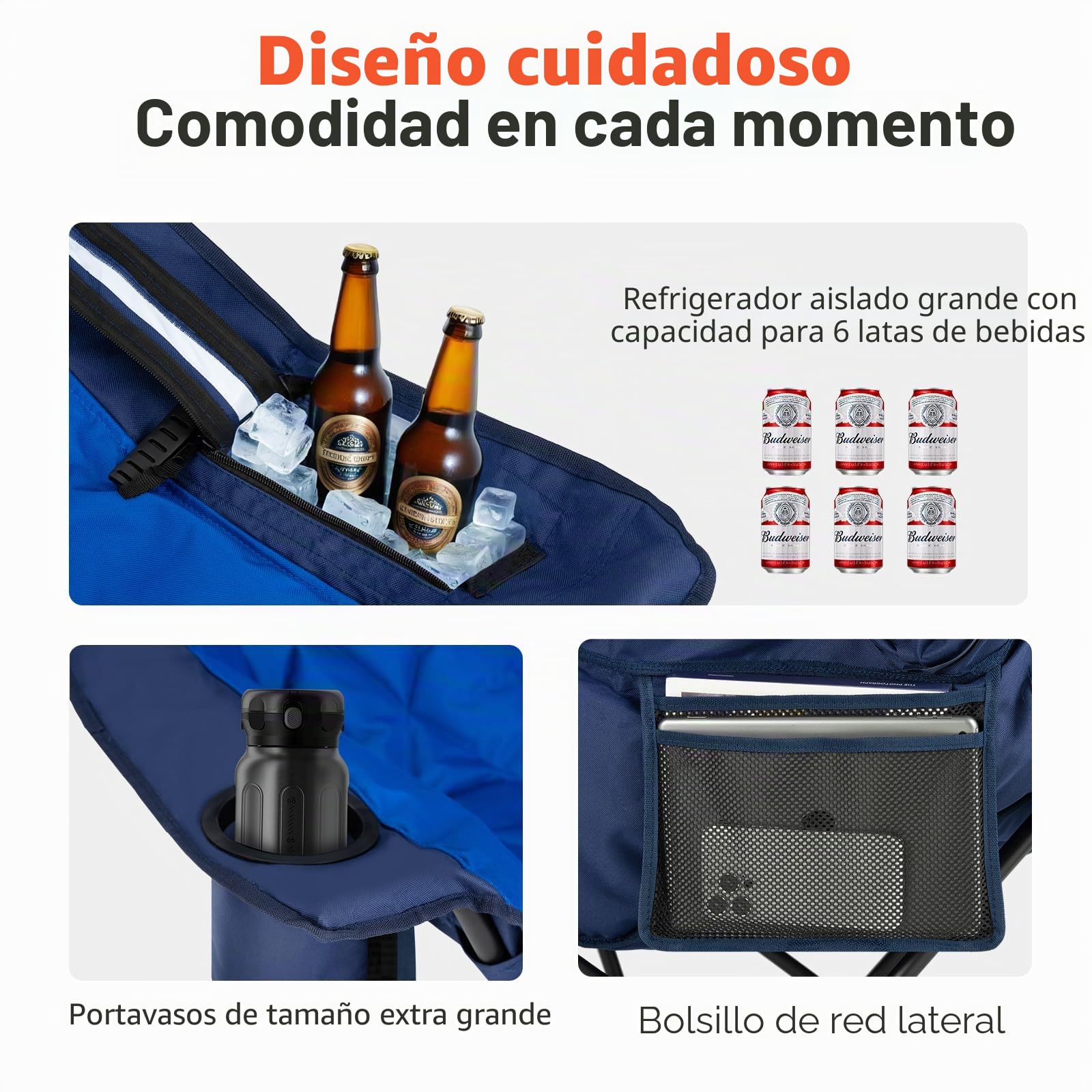 OVERMONT Silla de Camping Plegable Grande 204kg - Silla de Pesca Acolchada Resistente con Bolsa Térmica Portavasos - Sillas Portátil para Exterior Acampada Jardín Playa Pesca Azul
