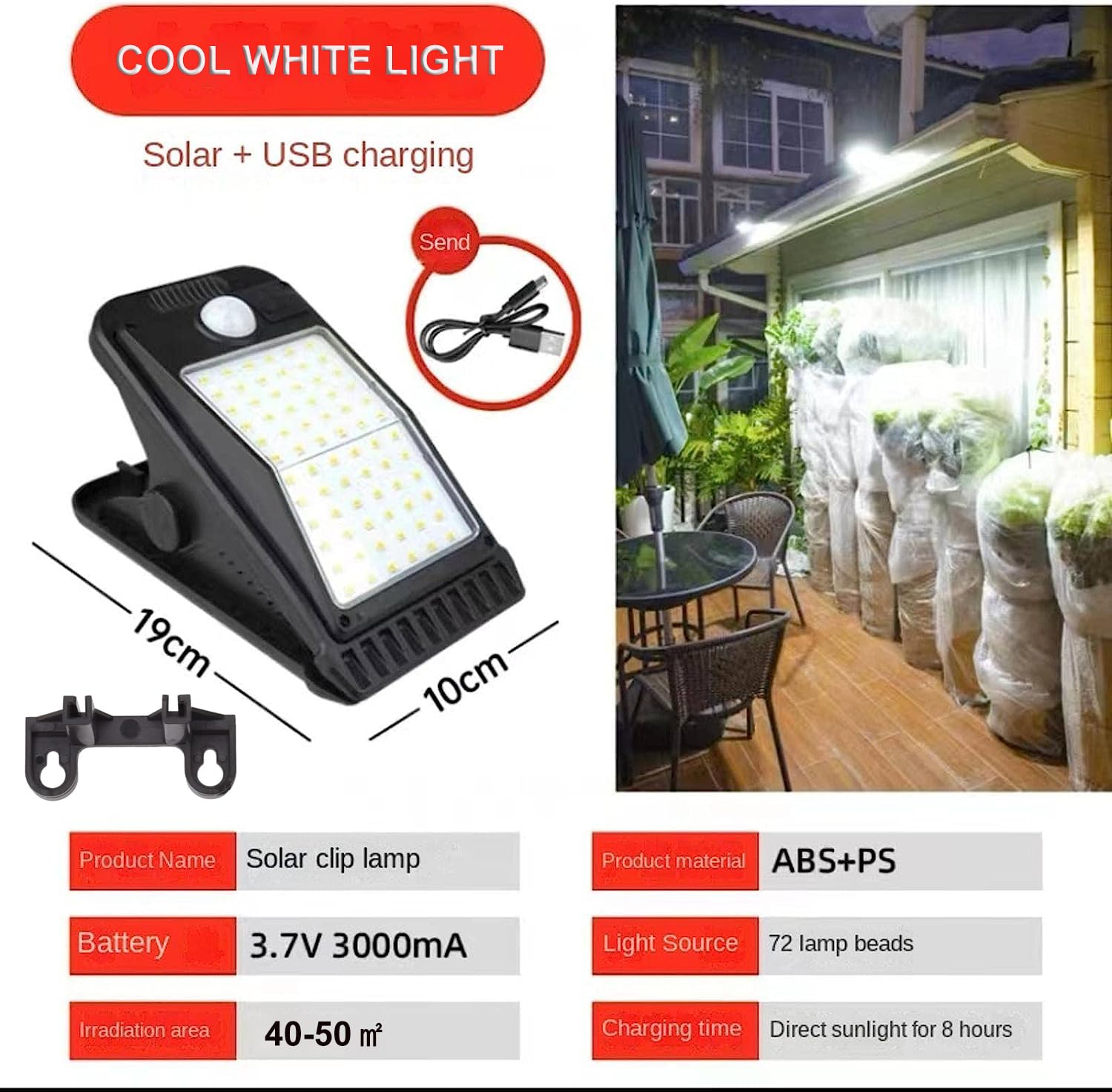 KINGCOO Lampada solare con sensore di movimento per esterni, portatile, impermeabile, 72 LED, con clip, luci solari da campeggio, luci di sicurezza per coperta, recinzione, garage, escursioni,