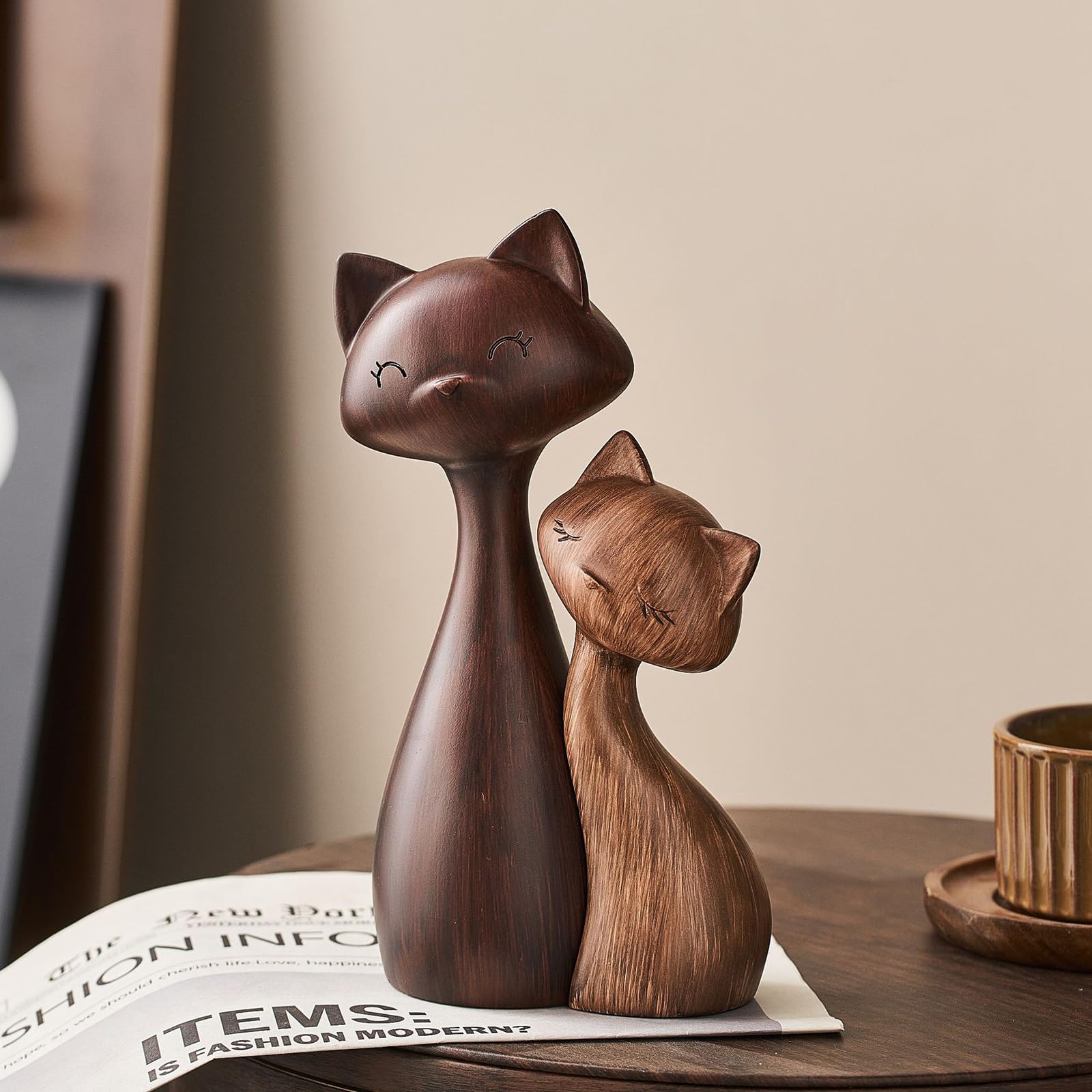 Artystyczna drewniana rzeźba kota,minimalistyczna abstrakcyjna figurka pary | Nowoczesna dekoracja na biurko w domu, kreatywna estetyczna ozdoba szafki TV w przedpokoju (15 x 7 x 24 cm)