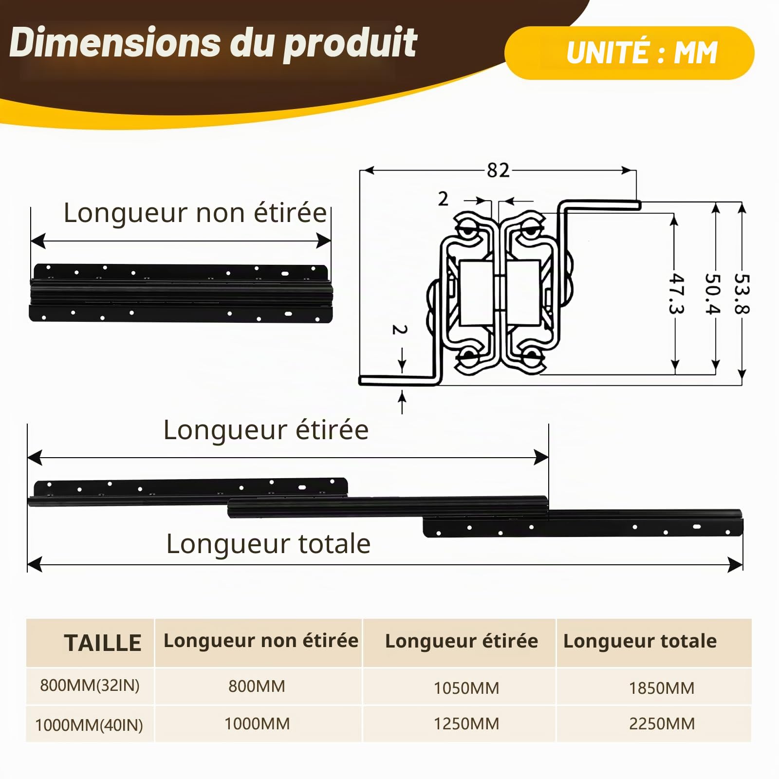 Lot de 2 glissières pour charges lourdes - Montage au sol - 1000 mm - 2250 mm - Glissières de tiroir avec roulement à billes - Pour escaliers, armoires murales et armoires - 120 kg