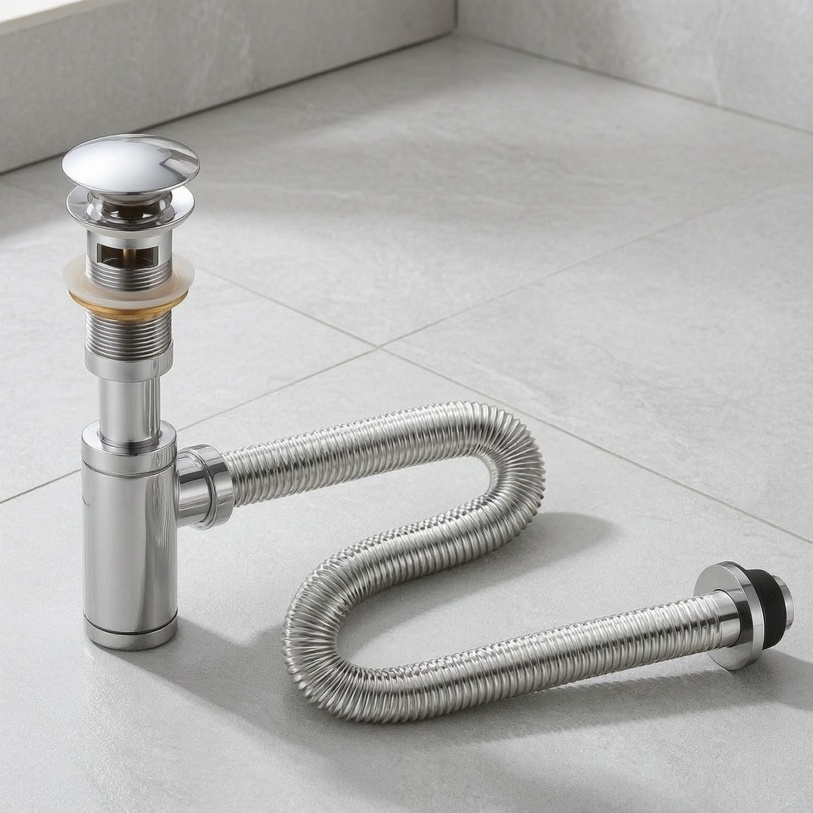 Sifón Botella Cilíndrico Compacto Antiolor, Conjunto Tubo Residuos Redondo, para Lavabo, 80 Doblado con Agujeros