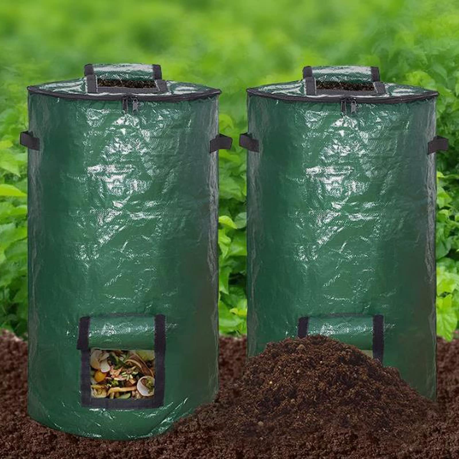 Gartenkomposter 2er-Pack 34-Gallonen-Kompostbeutel for den Garten, Kompost for den Außenbereich, wiederverwendbarer Gartenabfallbeutel mit Deckel, faltbare Laubrasenbeutel, multifunktionaler Gartenbeh