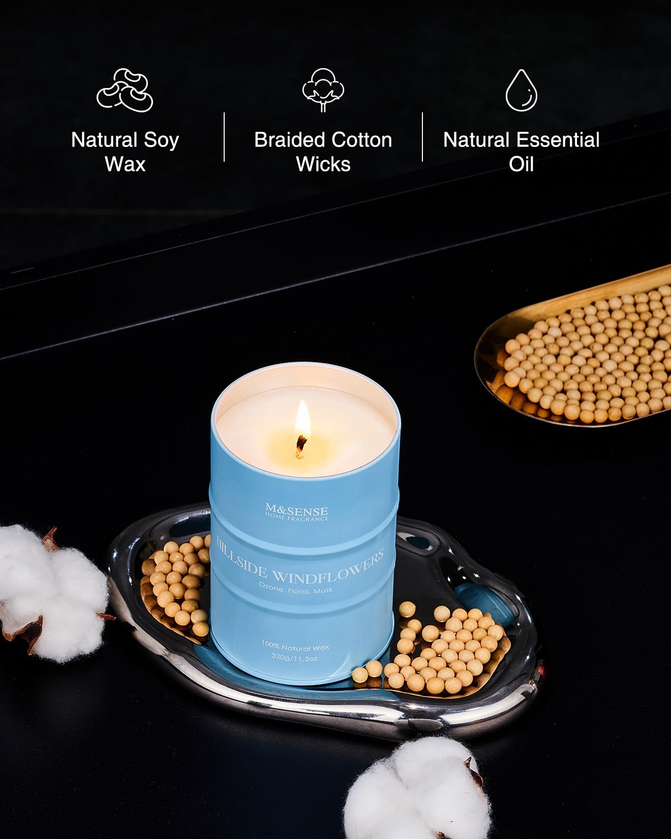 M&SENSE Candele profumate fiori di vento di collina di soia, candele naturali organiche a combustione pulita da 70 ore a lunga durata, candele rilassanti per aromaterapia MSTC0118S HillsideWindflowers