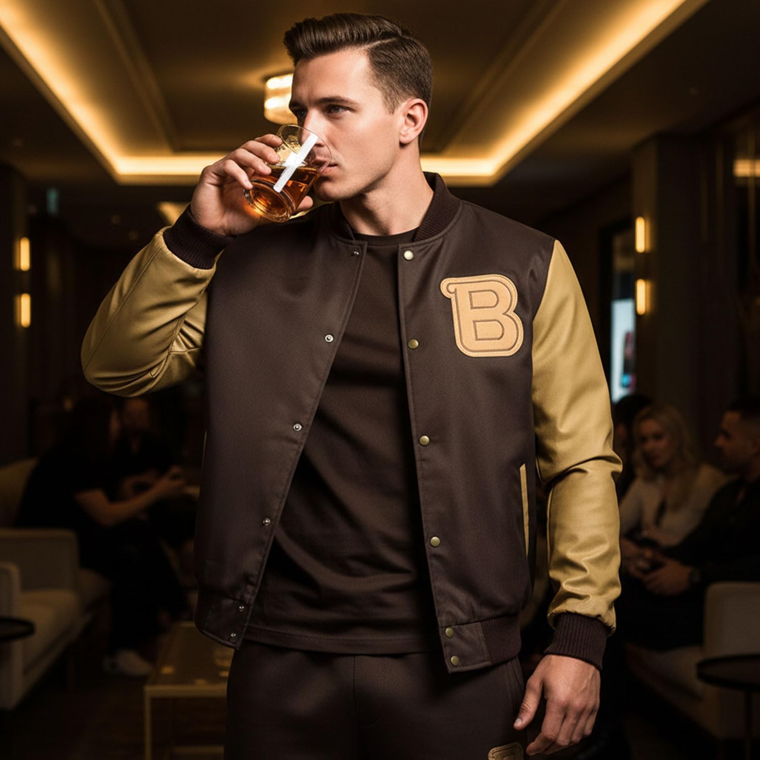 Men's Brown Letterman Jacket, Varsity Windbreaker, Waterproof, Water-Resistant Outerwear for Men