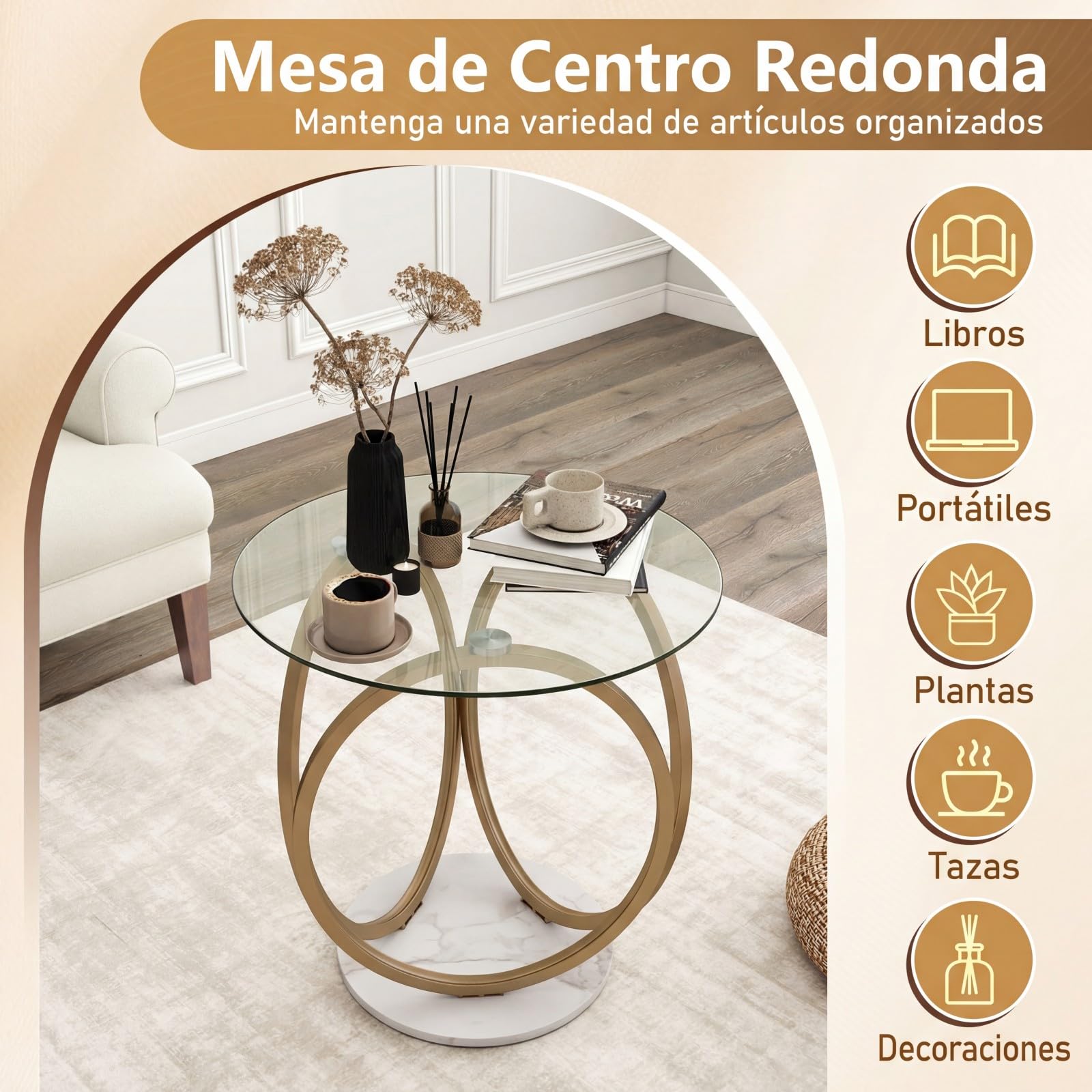 COSTWAY Mesa de Centro Redonda, Mesa Moderna de Vidrio Templado con Marco Geométrico de Anillo Metálico, Mesa Auxiliar para Salon, Oficina en Casa, Espacios Pequeños, 60 x 60 x 61,5 cm