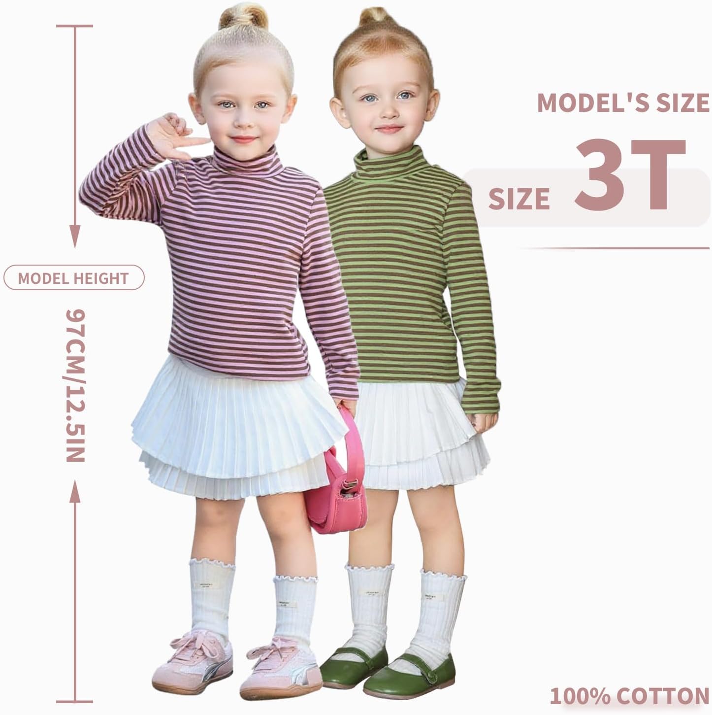 MINI PANDA Little Girl's High-Neck Striped Long-Sleeved T-Shirt, Toddler's High-Neck Stretch Top - Image 2