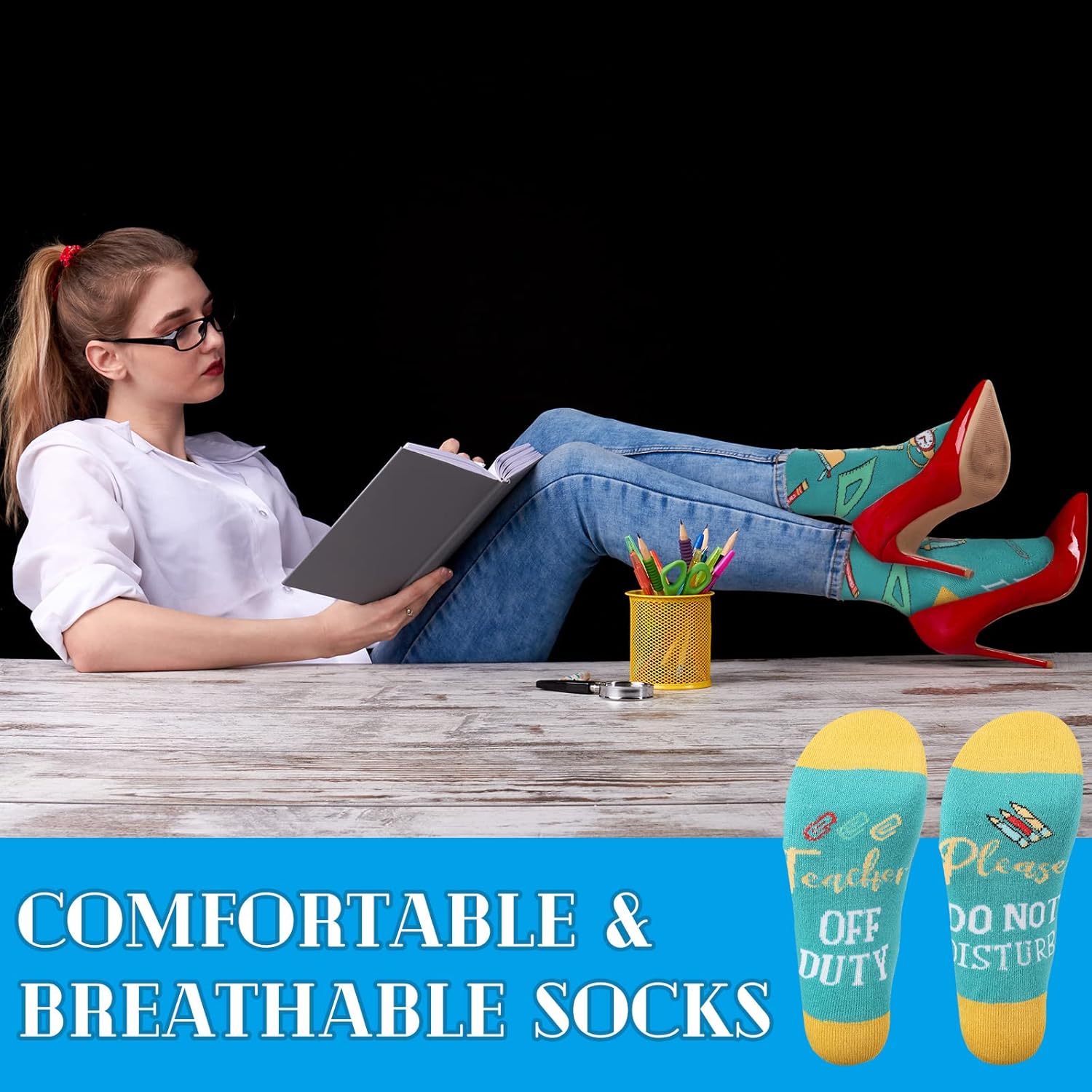 Jeyiour 6 Pairs Teacher Socks for Women Thank You Christmas Gift If You Can Read This Teacher off Duty Funny Novelty Unisex Crew Socks for Christmas Thanksgiving Birthday - Image 7