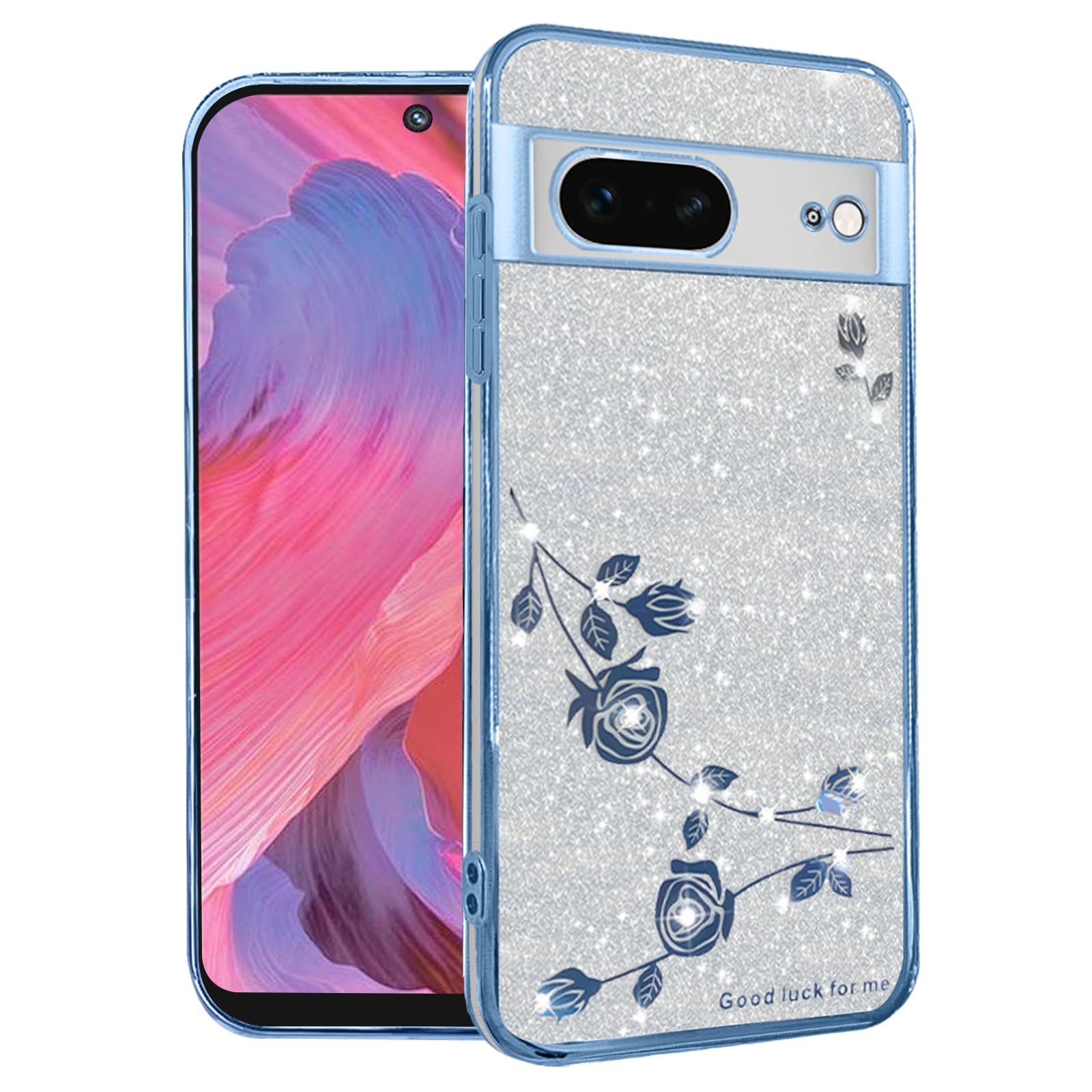 Kainevy Phone Case for Google Pixel 8 Clear Glitter Floral, Cute Slim for Google Pixel 8 Case Silicone Shockproof Protective Women Girls Cover Sparkle
