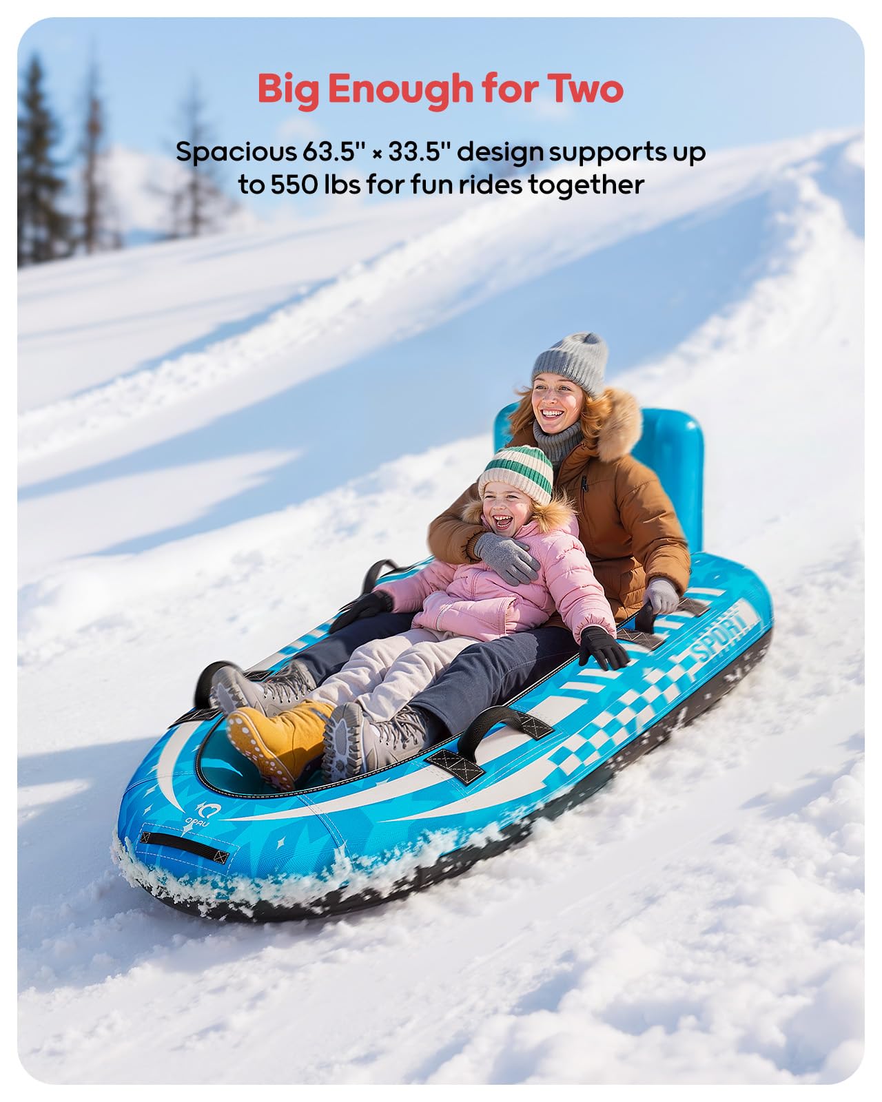 QPAU Trineo de nieve inflable para 2 personas con cubierta de lona, respaldo y asas reforzadas