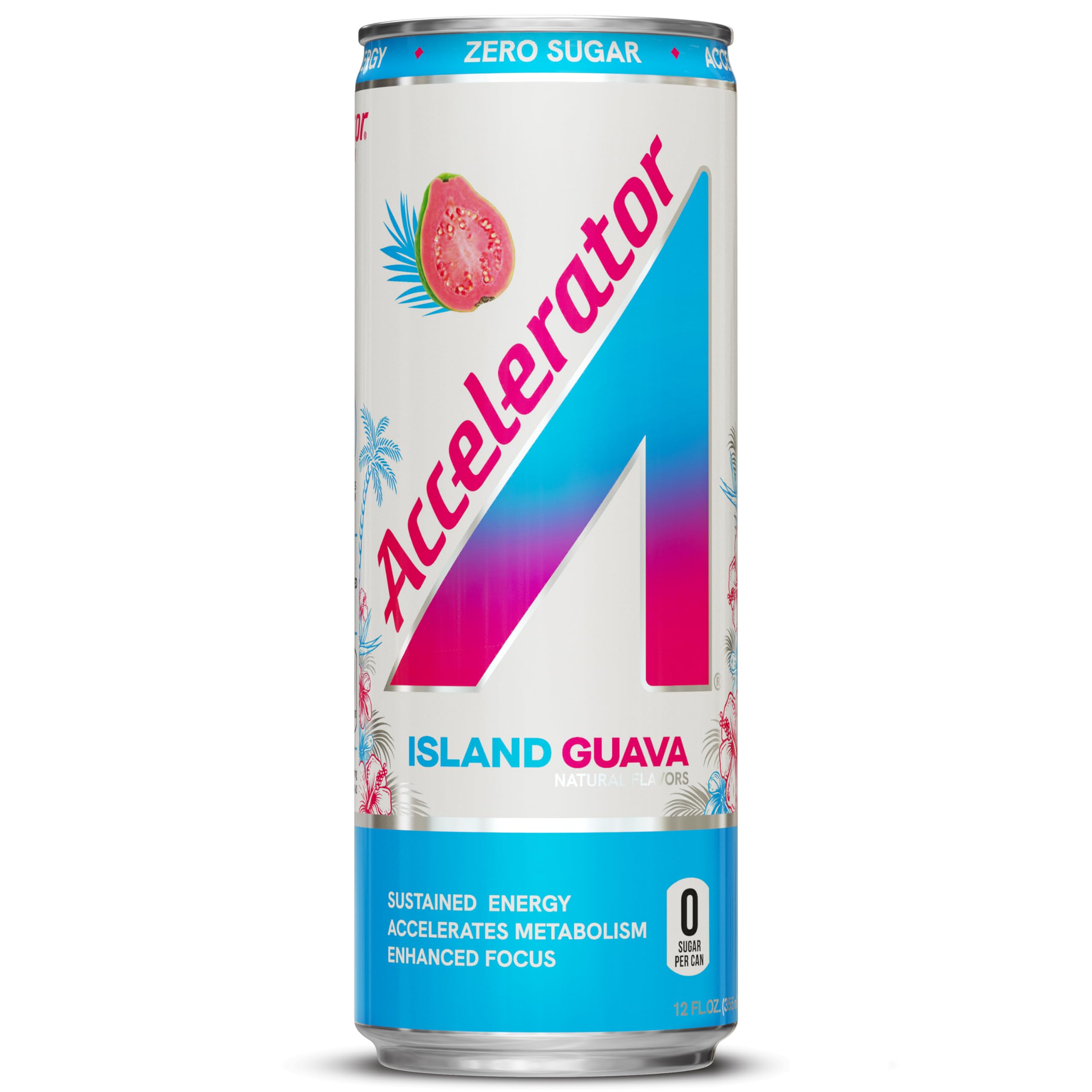 Accelerator Energy Drink, Island Guava 12oz can (12 pack), Zero Sugar, Sustained Energy from 100% Natural Caffeine (200mg from Green Coffee Bean & Green Tea extract)