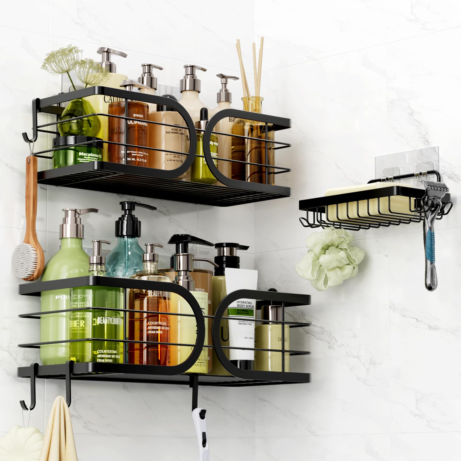 Adurei Shower Caddy 3 Pack with Soap Holder No Drill Wall Mounted 304 Stainless Steel Durable Large Capacity Adhesive Shower Rack Organiser Quick Dry Rustproof Bathroom Storage Shelves(Black)