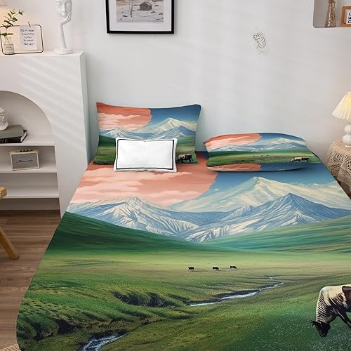 Miniatura 2 de Sábanas de paisaje tamaño Queen, sábanas de vaca de montaña, sábanas y fundas de almohada estampadas de 4 piezas, sábana bajera ajustable de