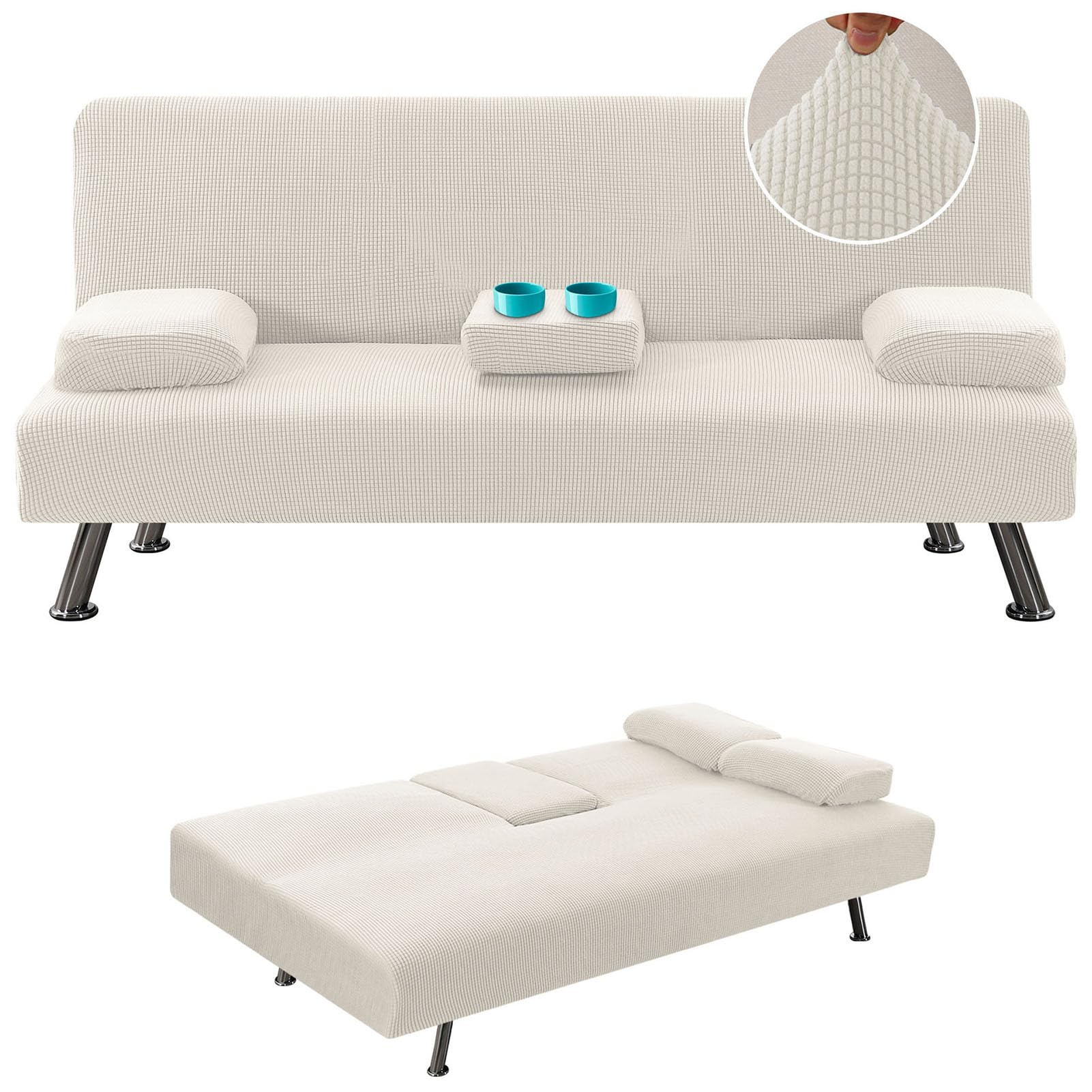 TDHLW Futon Cover Stretch 4 Pieces Futon Sofa Bed Cover Washable Futon Bed Cover Removable Armrests and Cupholders Covers,White