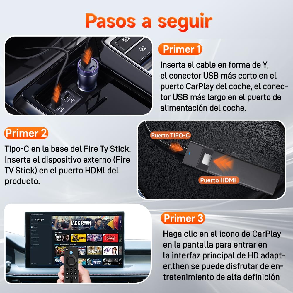 Carrinkit Car TV HDMI 2026 Fire Stick Converter, HD HDMI Car Adapter, Puede convertir Vídeo/Juego en Coche, Plug - and - Play, Adecuado para vehículos por Cable y Equipos de Fire Stick