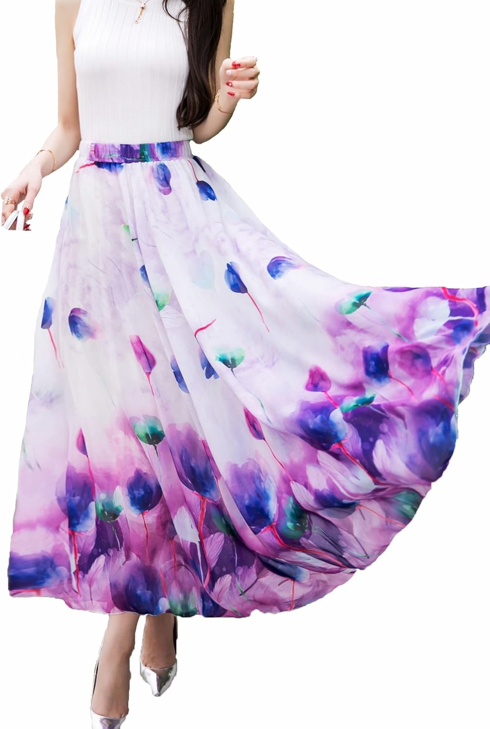 Afibi Women Floral Chiffon Maxi Skirt, Elastic High Waist