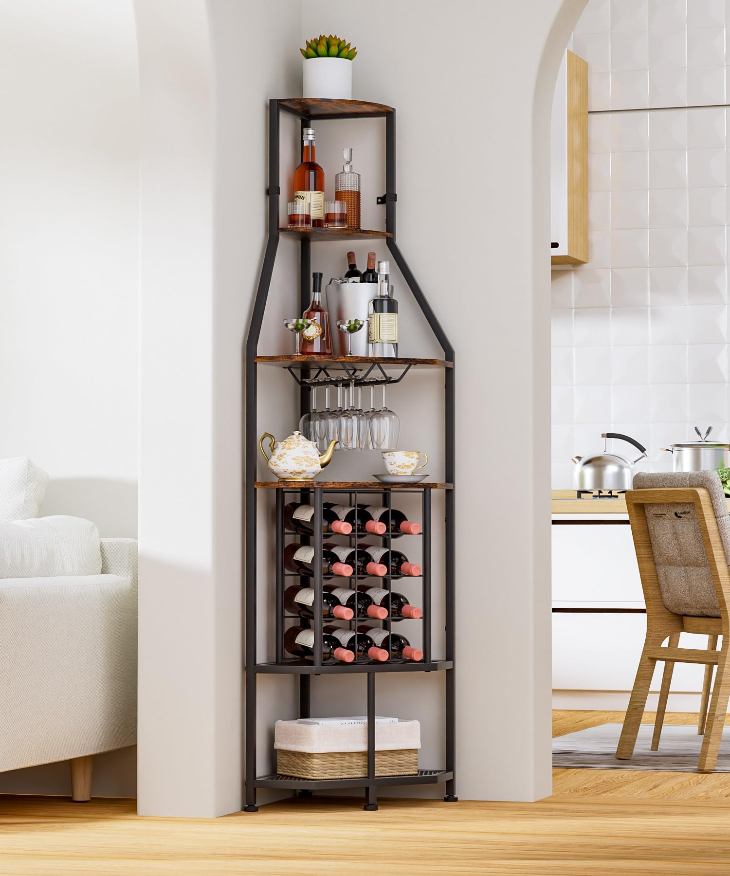 Yorbay 5-Stöckiges Freistehendes Weinregal für die Ecke | Eck-Weinregal mit Glashalter und Weinflaschenhalter - Industrielles Barregal aus Metall-Holz für Bar Küche Esszimmer