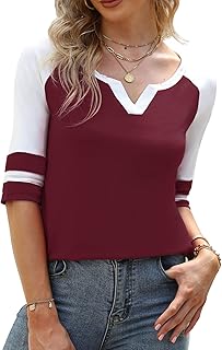 Sponsored Ad - LIOFOER Women's 3/4 Sleeve T-Shirt V Neck Color Block Tops Loose Casual Blouse
