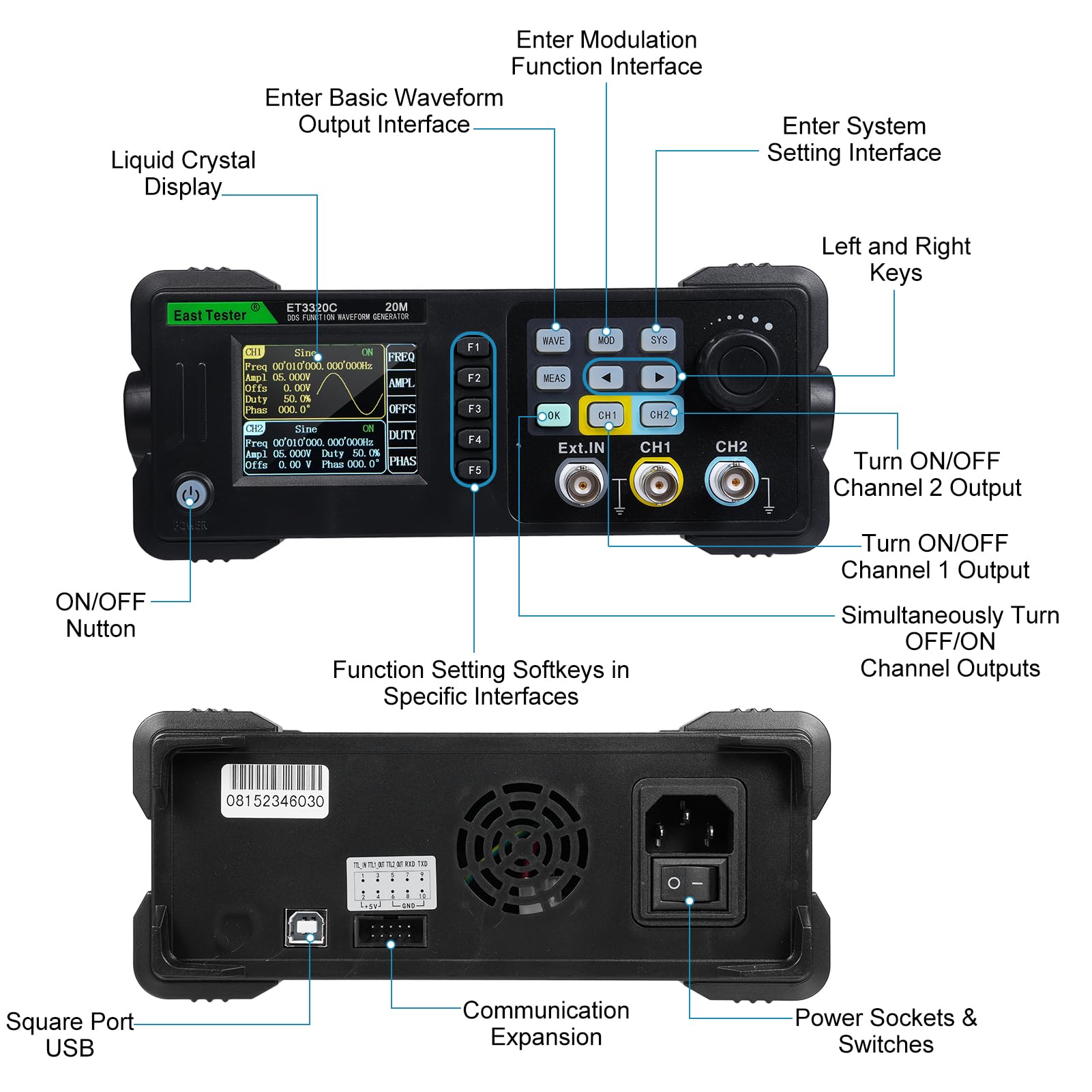 Generador de funciones de señal ET3320C, medidor de frecuencia de forma de onda arbitraria DDS de 20 MHz con comunicación USB, dos canales