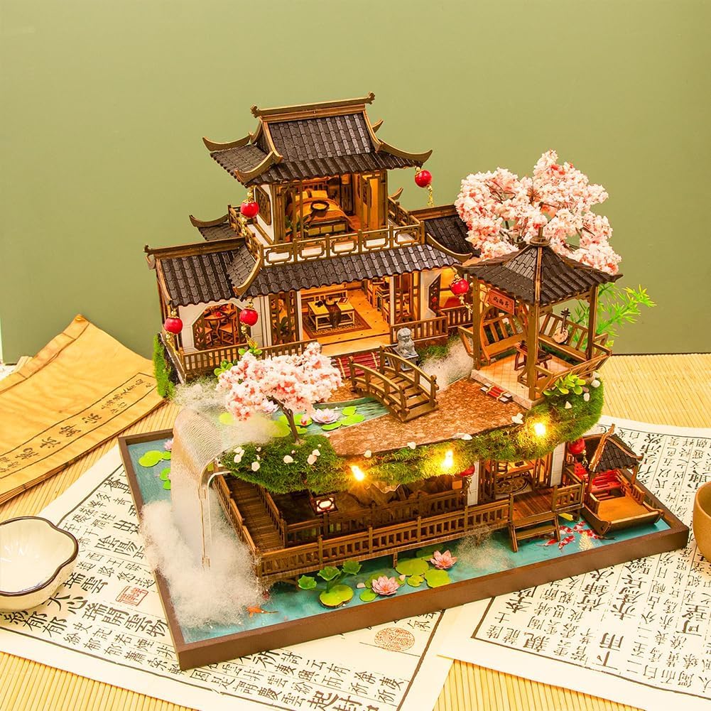 Kit per casa delle bambole in stile cinese, kit per casa delle bambole in legno con musica e luci a LED, kit fai da te per casa delle bambole in scala 1:24, casa in miniatura per adulti, regali di