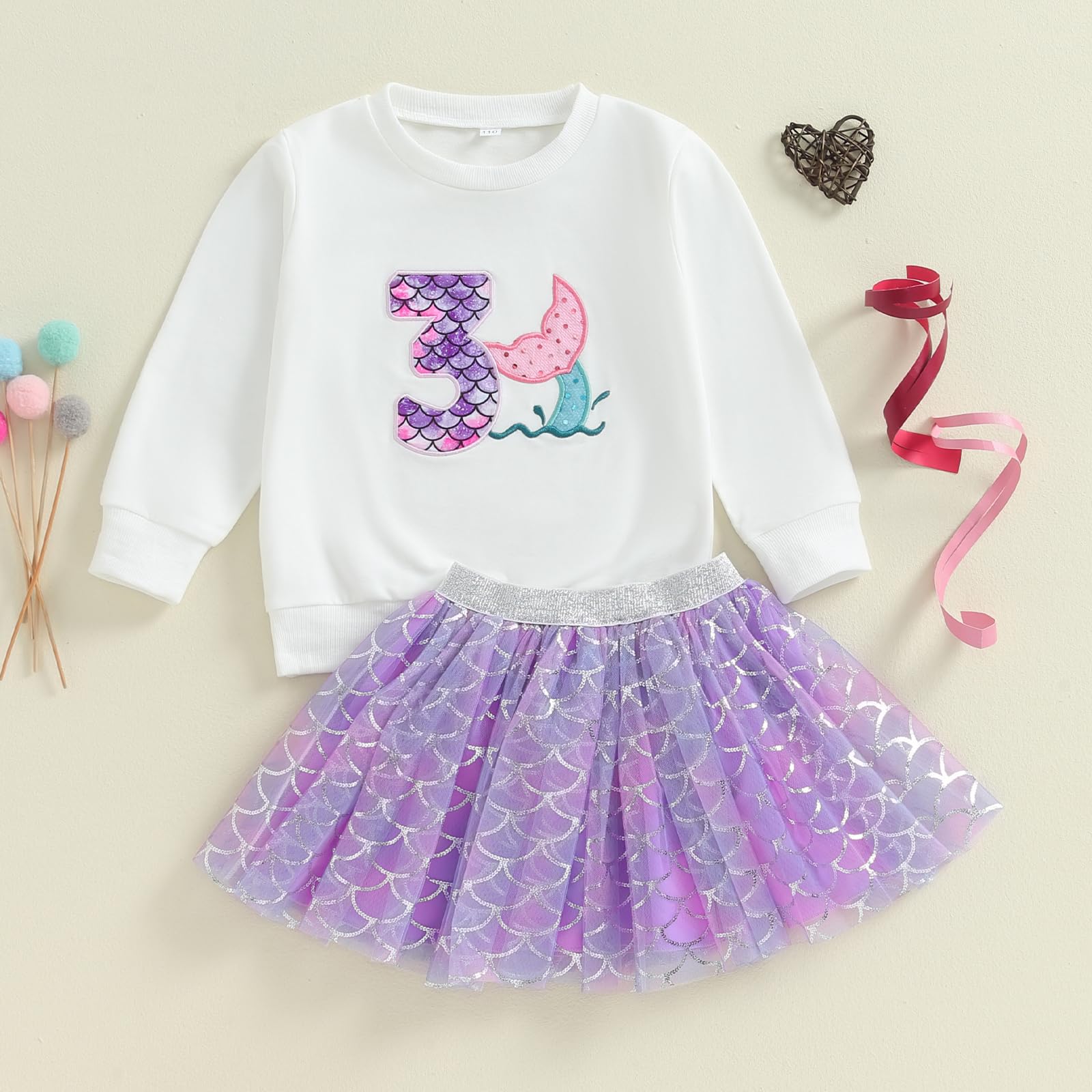 Ayalinggo Toddler Baby Girl Birthday Outfit Kids 2-6 Year Old Long Sleeve Sweatshirt Mermaid Princess Tutu Skirt Bday Clothes (White 3 Years, 3-4T)