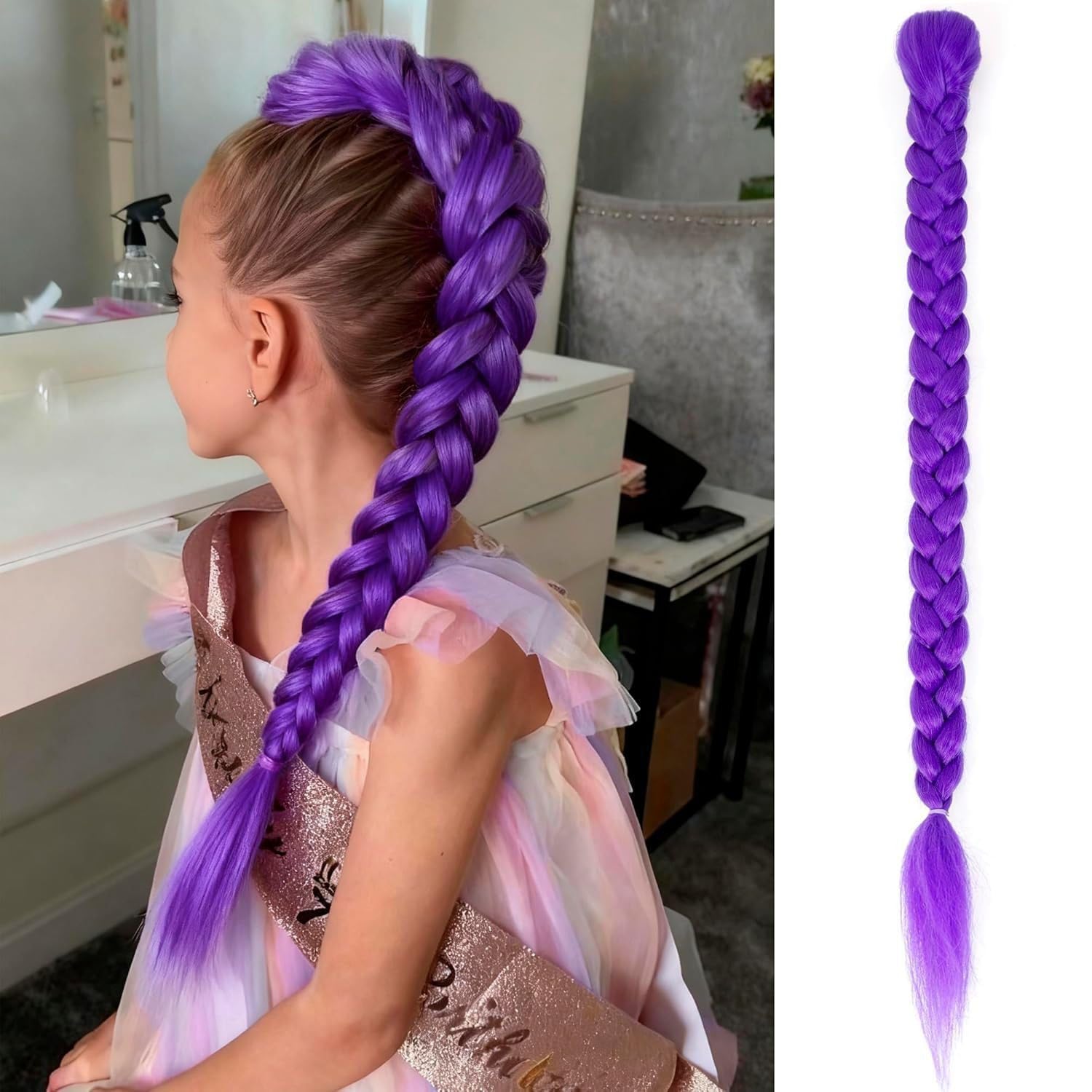 26'' Clip-In Purple Braided Hair Extension with Gold Thread, Synthetic Braid Hairpiece for Cosplay Party Costume Accessory, Daily Wear, Mardi Gras, Carnival; 1Z