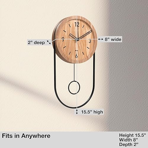 Miniatura 4 de Driini Reloj de pared decorativo con péndulo (luz), madera moderna, números negros 3D, marco de metal, relojes de pared pequeños y únicos para