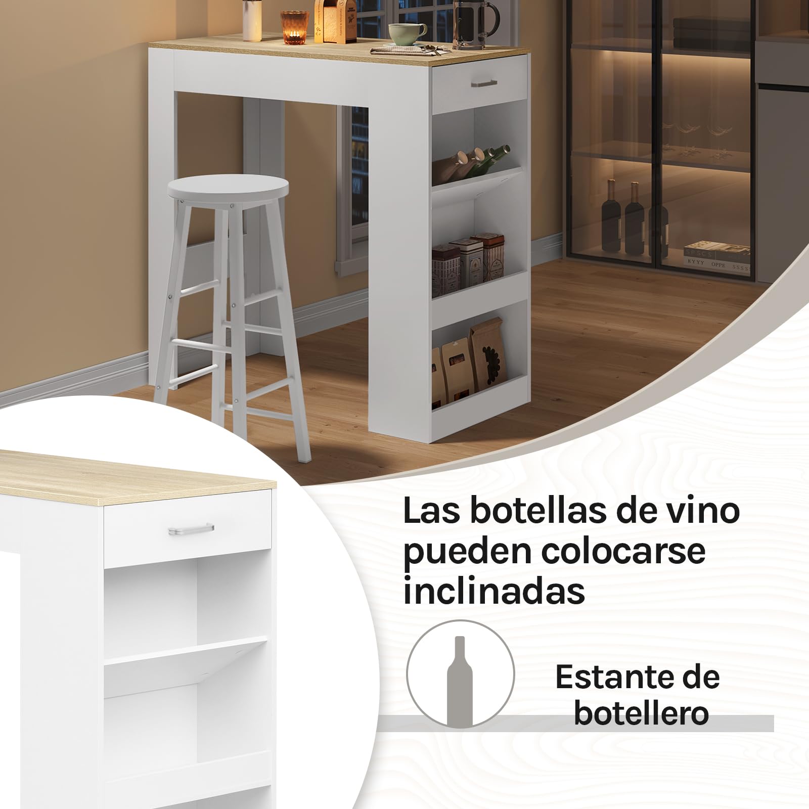 WOLTU Mesa Bar Alta, Mesa Cocina con Estantería Lateral de 1 Cajon 1 Botellero y 2 Estantes, Mesa para Comedor Salón (con Tablas de Madera, Blanco + Roble Claro, 100 x 50 x 100 cm)