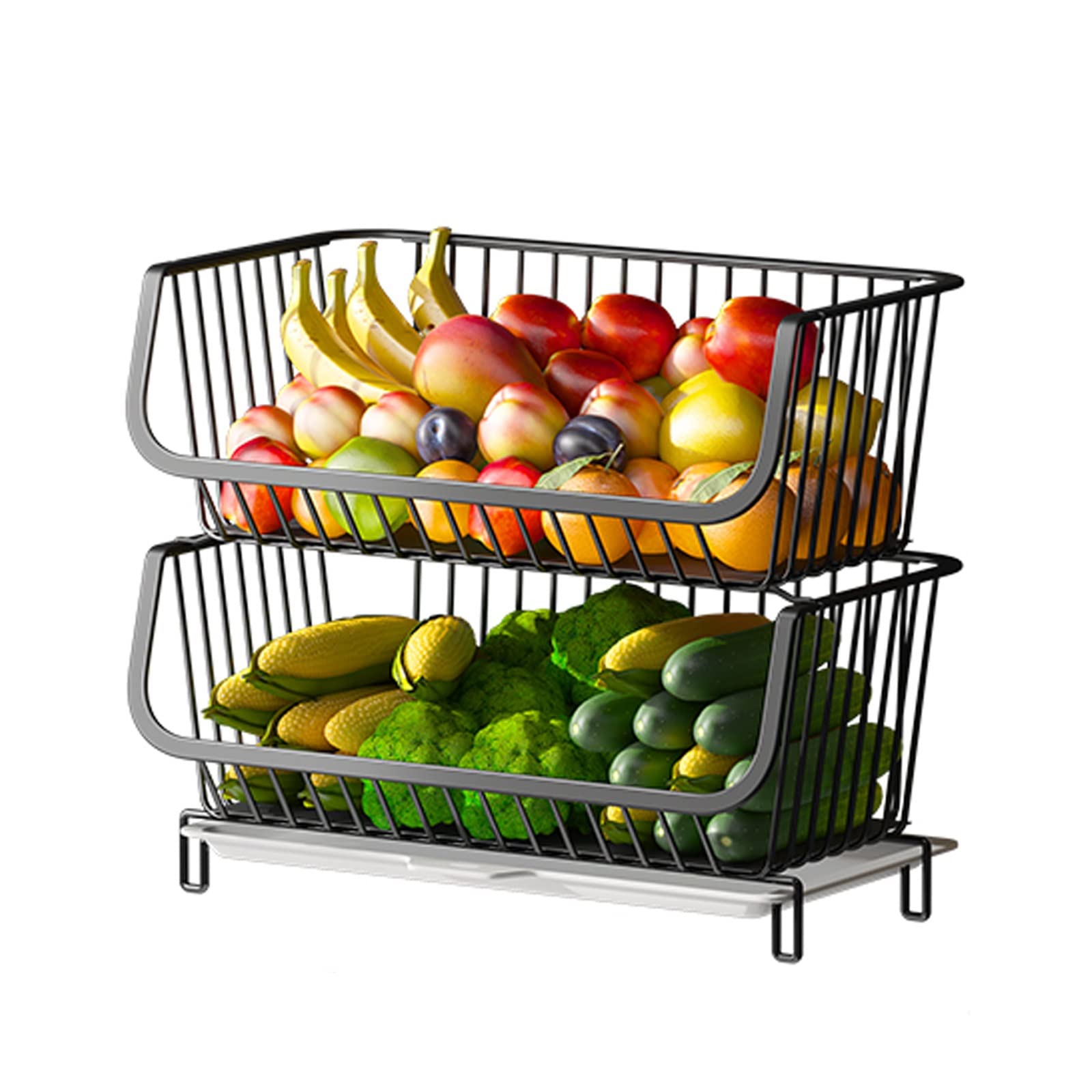 Hjxgqjm Noir 2-Tier Fruit Basket,Fruit Bowl Holder Bread Basket Vegetable Rack, Metal Wire Storage Baskets, Detachable Fruit Holder For Fruit, Vegetables, Snacks, Black Countertop Fruit And Vegetable Rack Fruit An