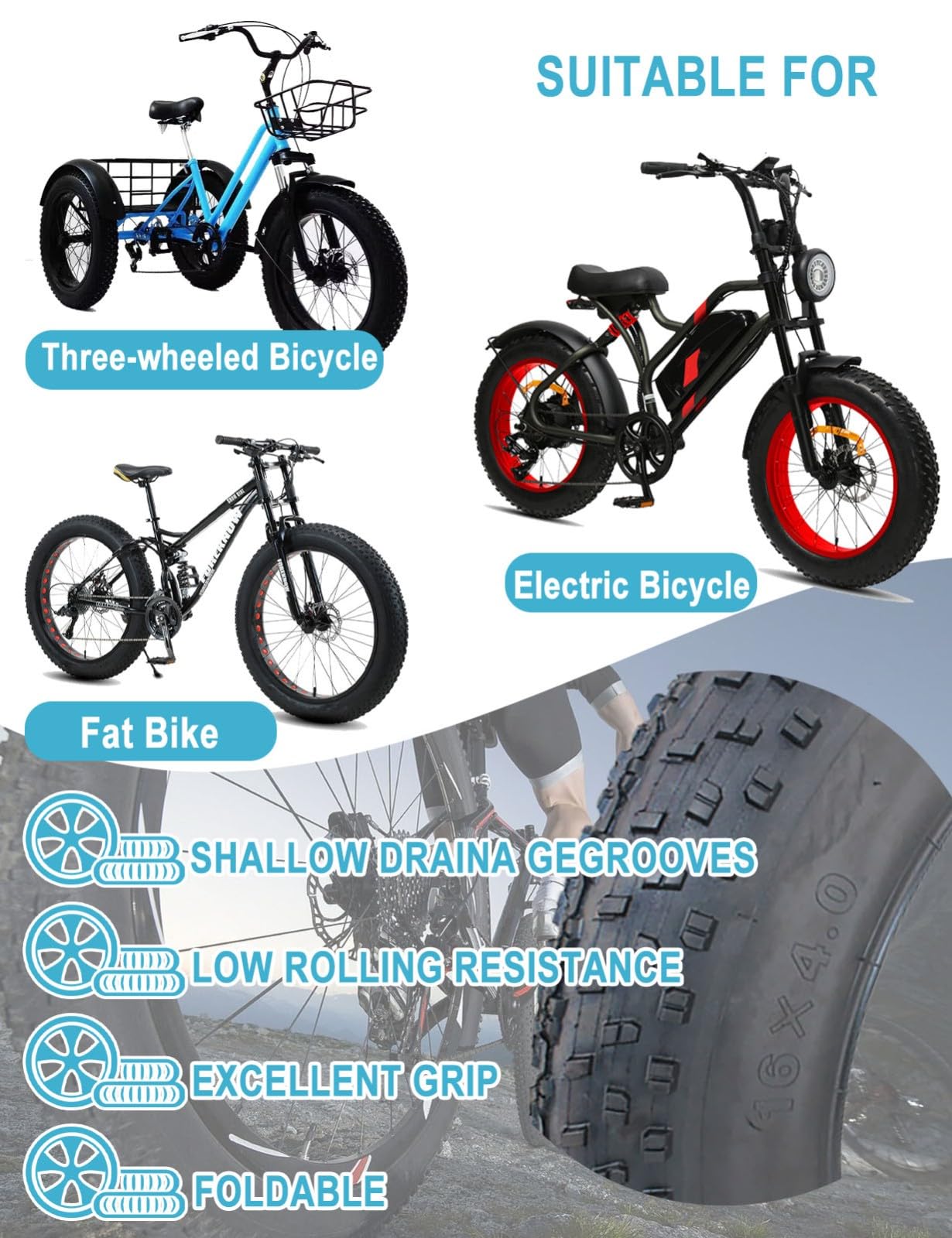 Pneumatici da bicicletta 16 pollici Fat Tire 16 x 4,0 pollici per e-bike, mountain bike, Heavy Duty ad alte prestazioni, resistente all'usura Con camera d'aria da 16 pollici