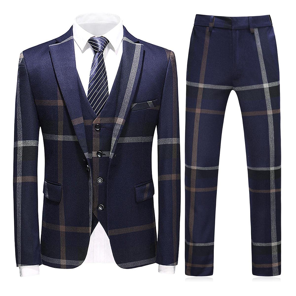KUDOROMens Suits 3 Piece Check Plaid Suit Single Breasted One Button Jackets Formal Dress Party Prom Tuxedo Suits Blazer Set