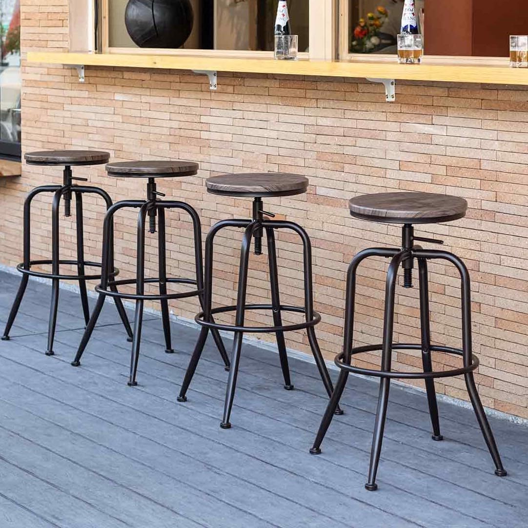 Homy Casa Set of 2 Outdoor Height Adjustable Swivel Barstools with Walnut Wood Seat and Footrest for Patio, Garden and Balcony