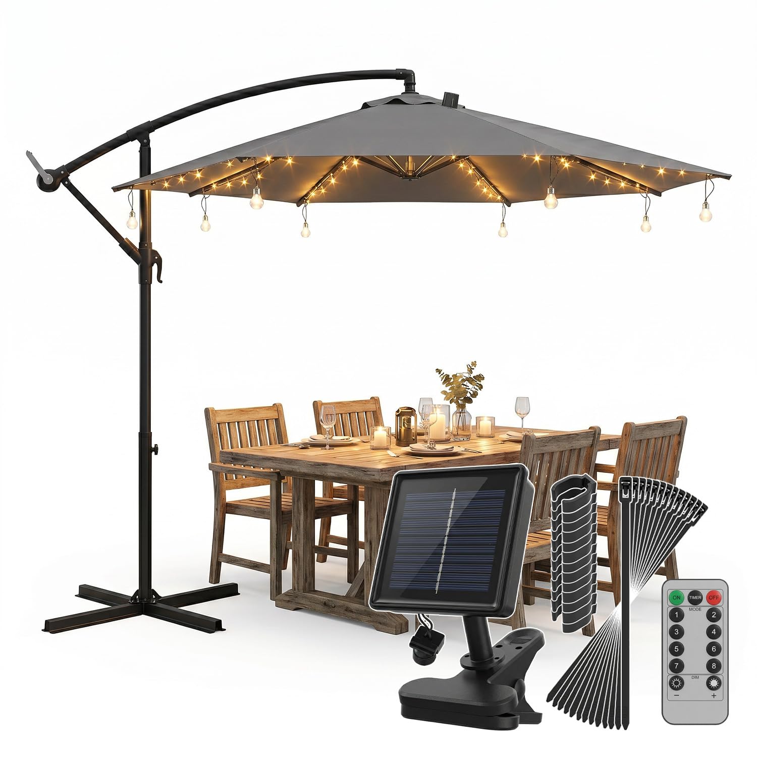 Sekey Luz para Sombrilla Solar con 136 LEDs y 8 Bombillas, Cadena de Luces para Sombrilla, Válida también para Parasol Excéntrico, 8 Modos + Mando a Distancia, para Patio, Exterior