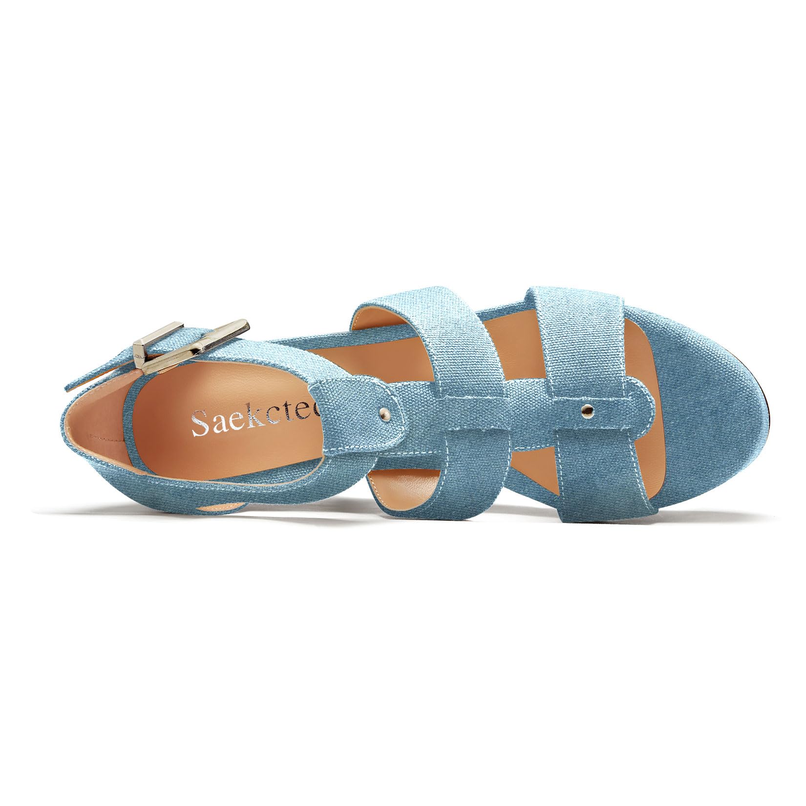 Saekcted Mujer Alto High cuña esparto Plataforma Heel Abierta Punta Sandalias Correa Tobillo Fiesta Denim Verano 10 CM Heels