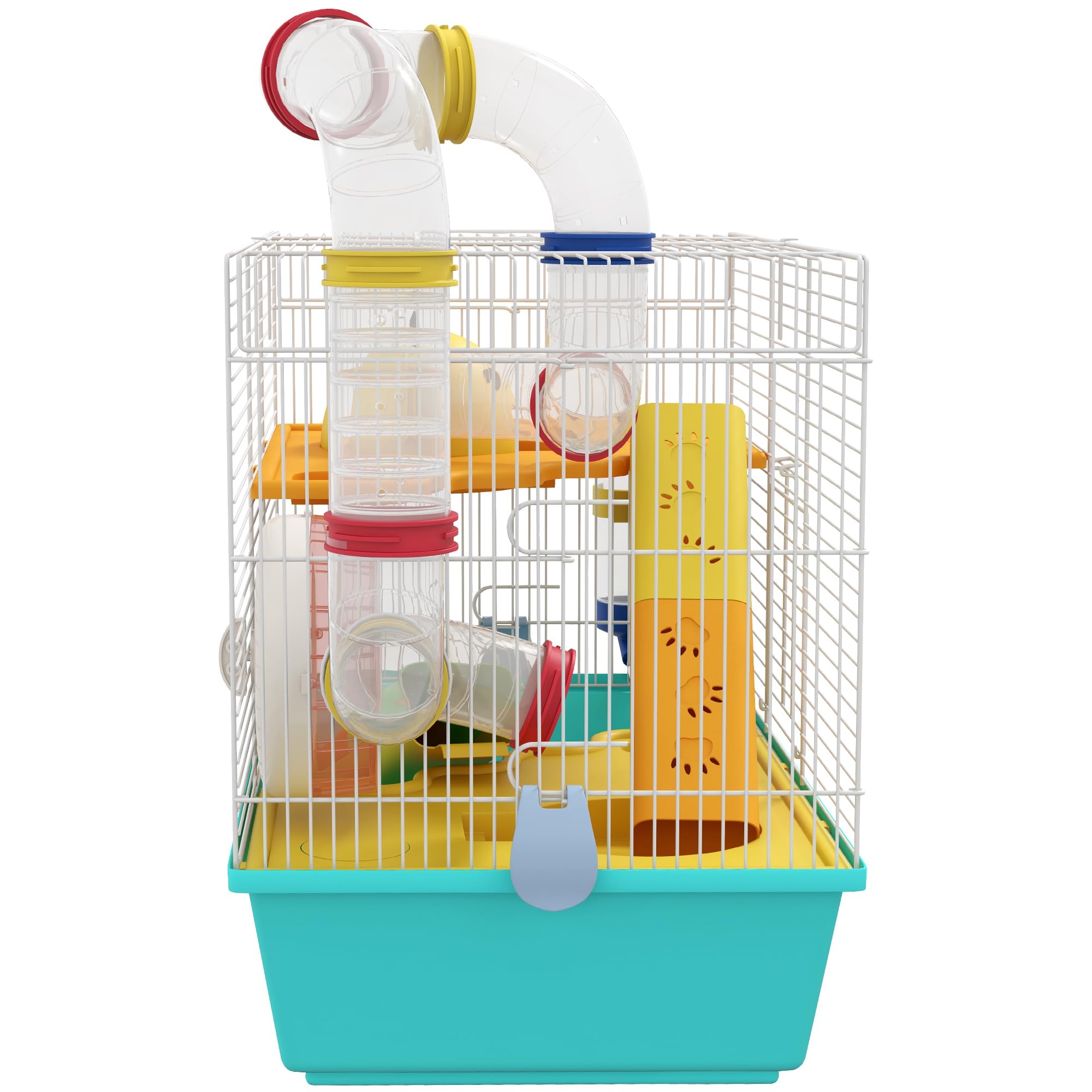 PawHut Gabbia per Criceti con Ruota, Casetta, Ciotola, Rampe e Serbatoio dell'Acqua, Gabbia per Gerbilli in Acciaio, PS e PP, 45x28x37 cm, Bianco e Azzurro