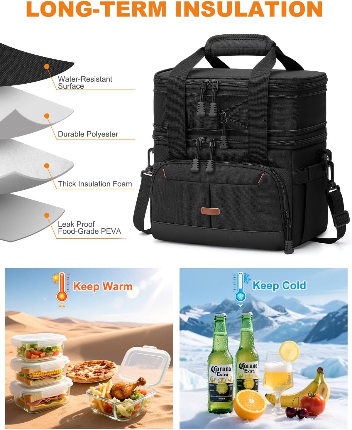 Pritent Lunch Box For Men Women Double Deck Insulated Lunch Bag For Men Woman Leakproof Expandable Cooler Bag with Adjustable Shoulder Strap for Kids Shool Work Picnic Camping(Black,Large)