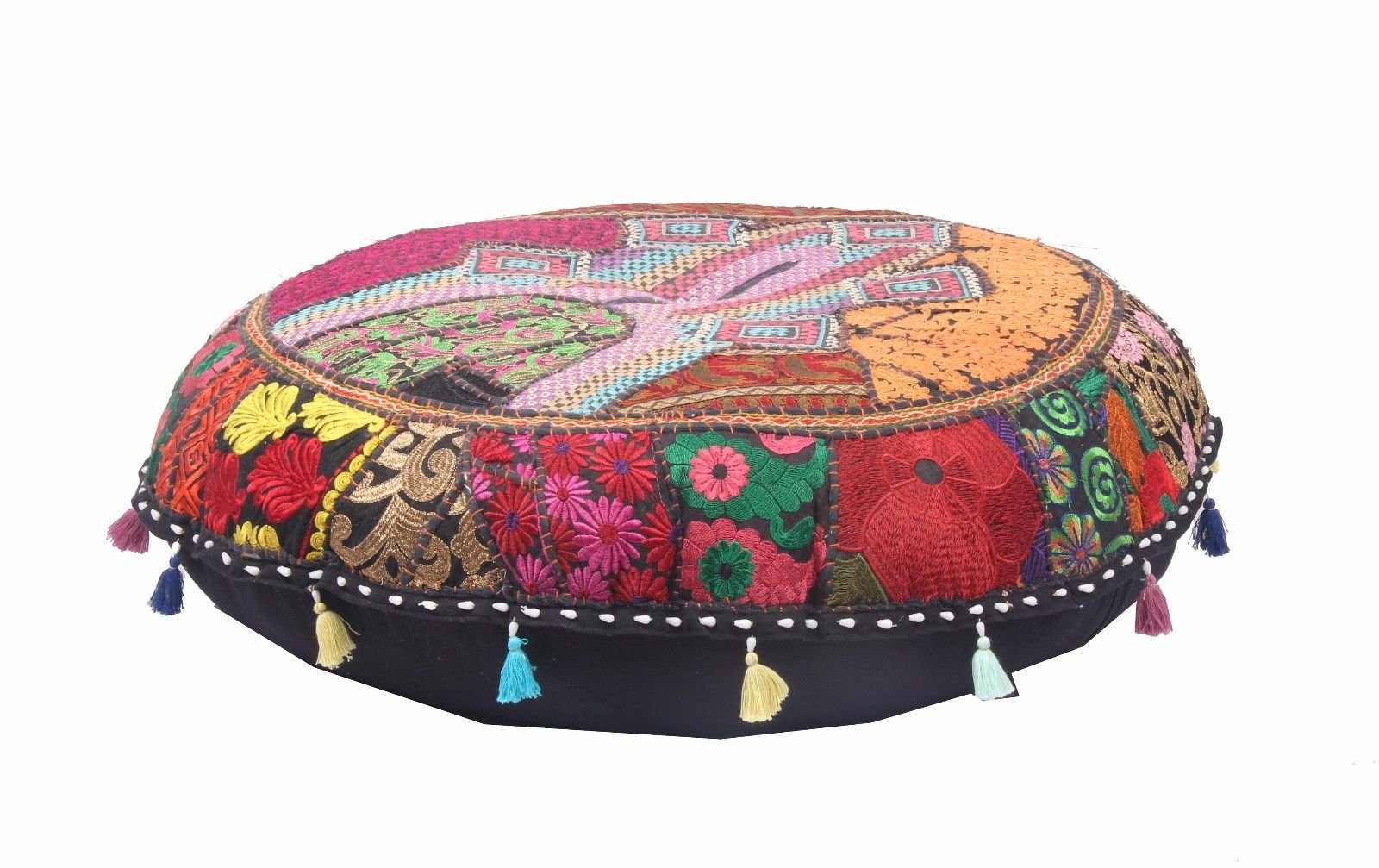 Fodera Per Cuscino Da Pavimento Etnico Vintage - Cotone Ricamato Patchwork Verde 55x55 Cm, Con Cerniera, Pouf Sedile (Solo Fodera)