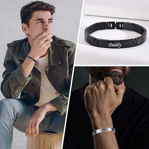 Miniatura 2 de Hisatan Pulsera para padres, regalos para papá, pulseras de acero inoxidable ajustables personalizadas para hombres, enlace de fibra de carbono