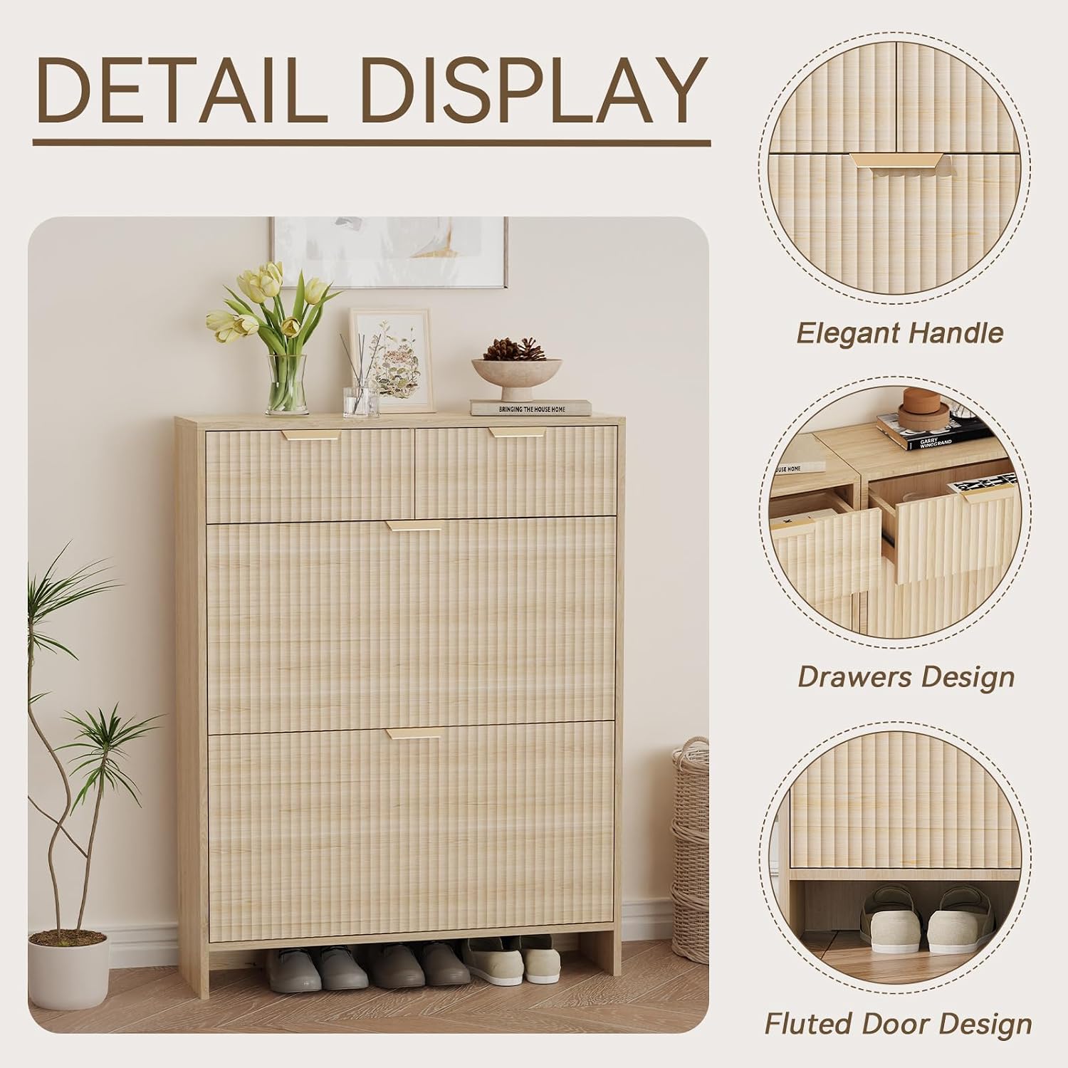 Shoe Cabinet Storage with 2 Drawers & 2 Flip Drawers, Fluted Slim Shoe Cabinet with Adjustable Shelves, Narrow Shoe Rack Cabinet for Entryway (Natural Oak)