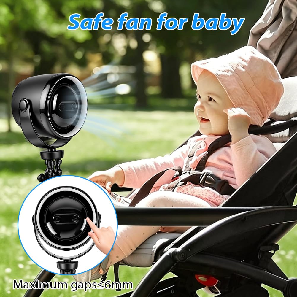 Vicloon Ventilatore Portatile per Passeggino, con Display Digitale e Clip di Fissaggio, Supporto Flessibile per Treppiede, Mini Ventilatore Portatile con Tre Luci e 100 Velocità (Con display， Nero)