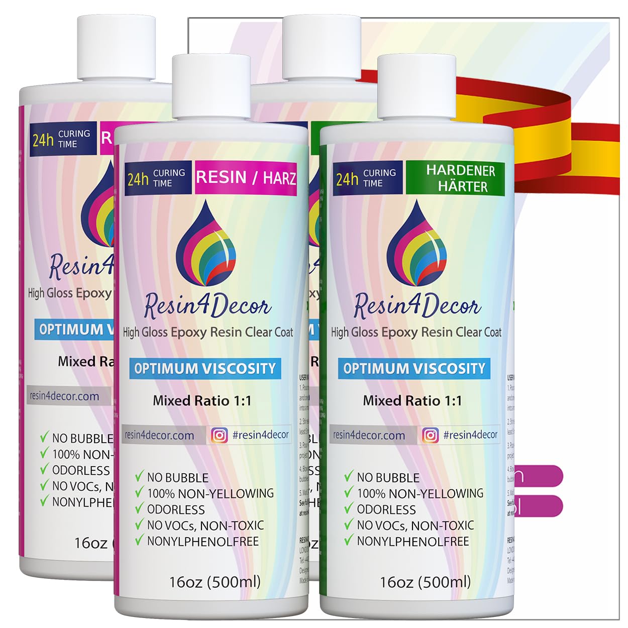 Resina Epoxi Transparente RESIN4DECOR 1:1 Para Manualidades Artesanía Fabricación de Joyas Moldes No es Amarillento No es Tóxico Acabado de Alto Brillo de Curado de 24 horas Inodoro - 2000ml