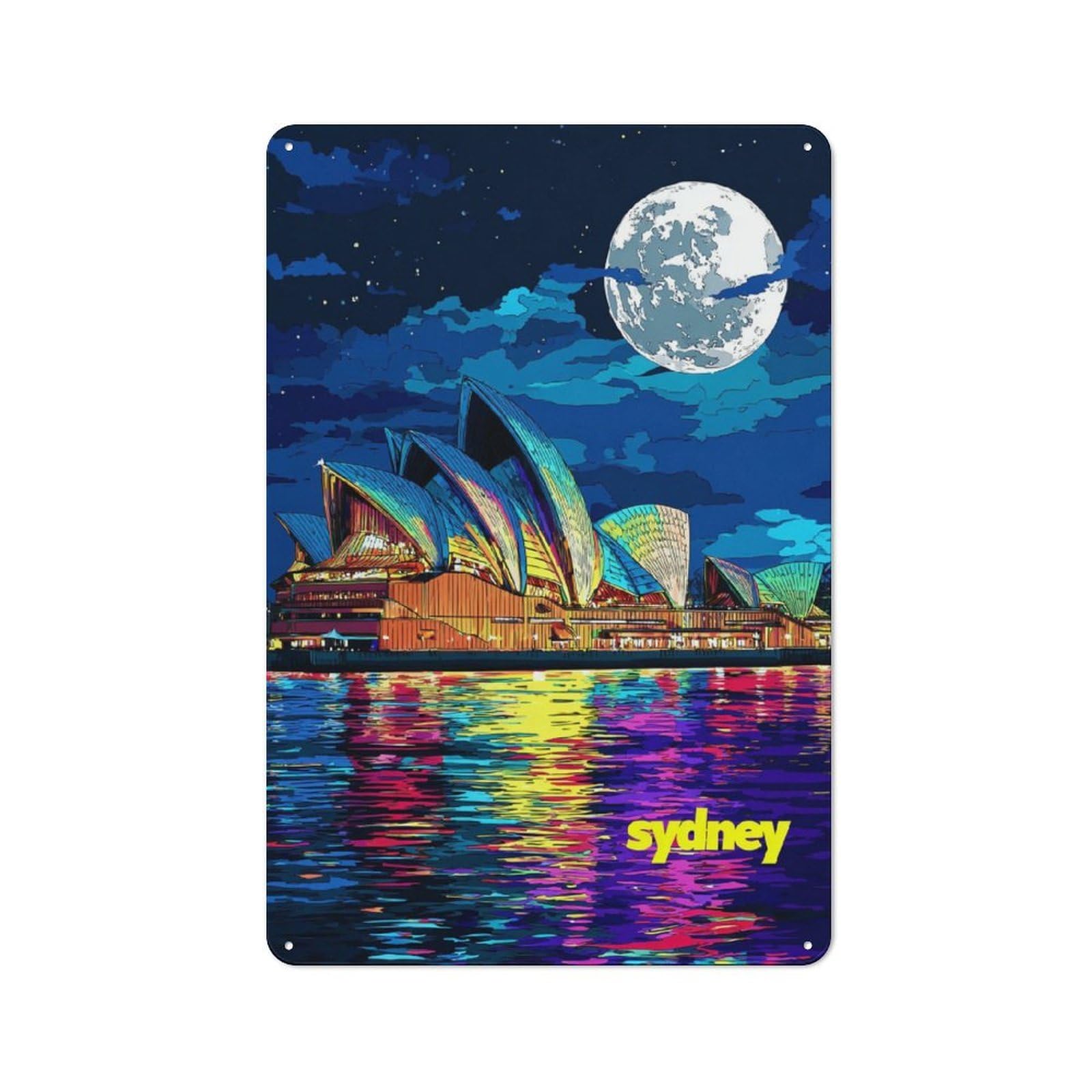 Junmoney Colorful Sydney Opera House Night -1 Tin Wall Plaque 30X20cm With For Studio Or Craft Room, Suited To Craft Room Decorators