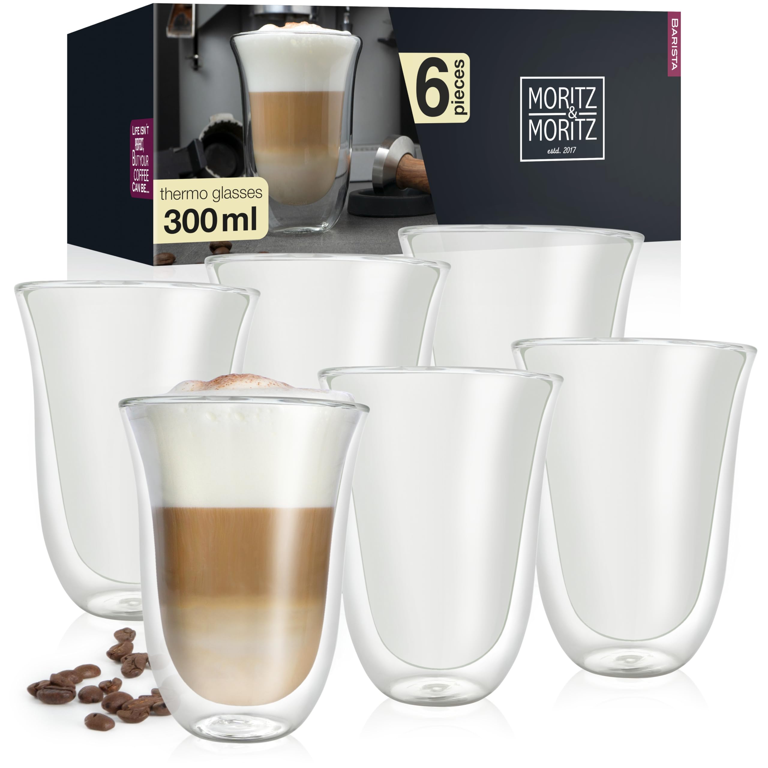 Moritz & Moritz Latte Macchiato Barista Napoli 6 X 300 Ml Double Walled Glasses - Set Of 6 - Double-Walled Glasses For Tea, Hot And Cold Drinks - Dishwasher-Safe