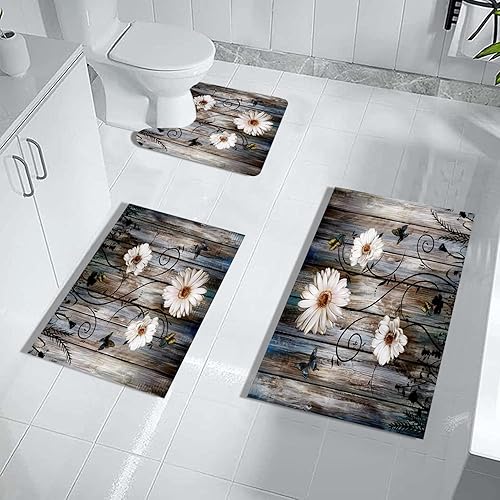 Miniatura 16 de MUGINYU Juego de 3 alfombras de baño de hojas verdes, diseño floral de primavera bohemio de secado rápido, plantas de eucalipto minimalista de goma