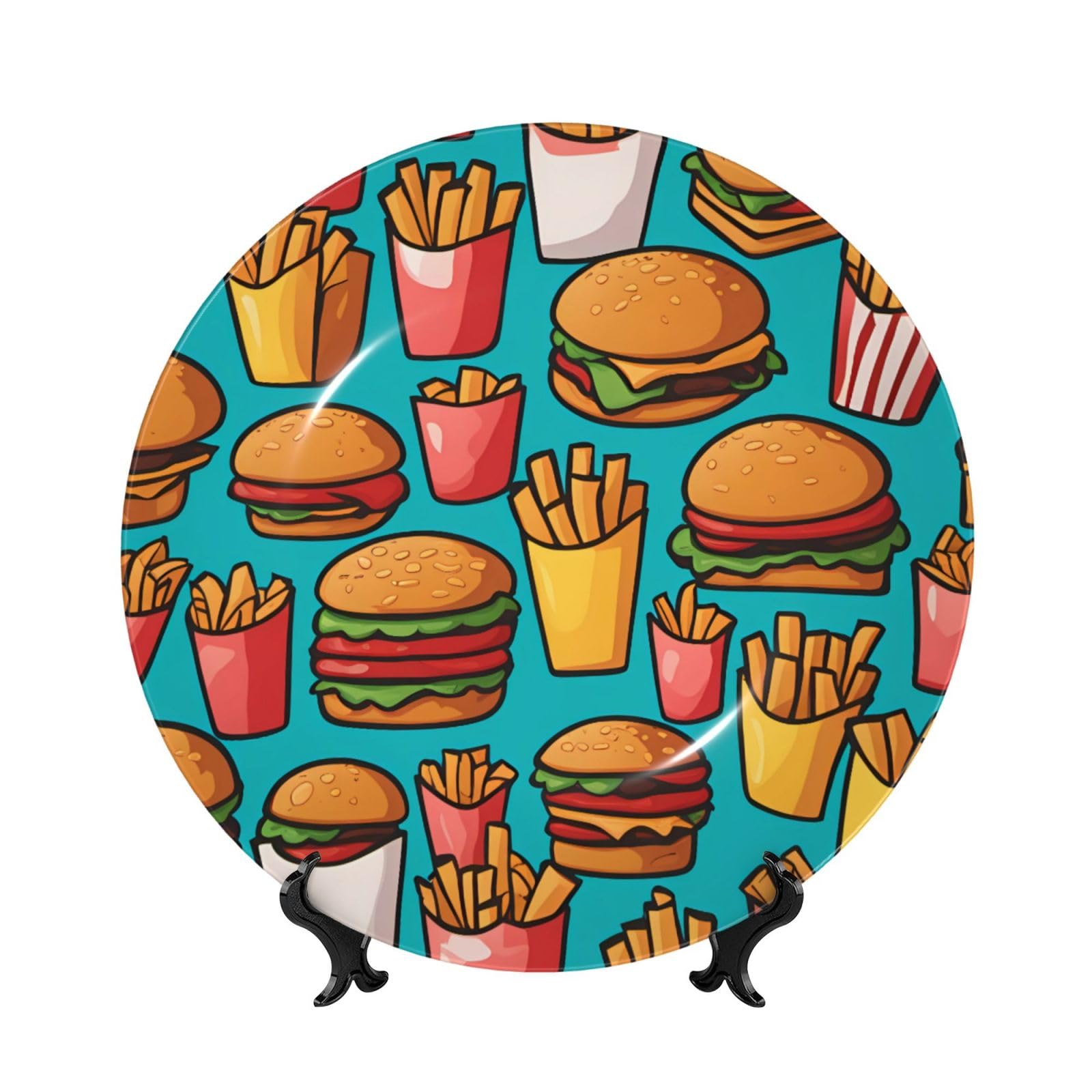 SXZVVBN cartoon burger fries Bone China Decorative Plate Art with Stand Removable Adhesive Hanging for Home Office 7in