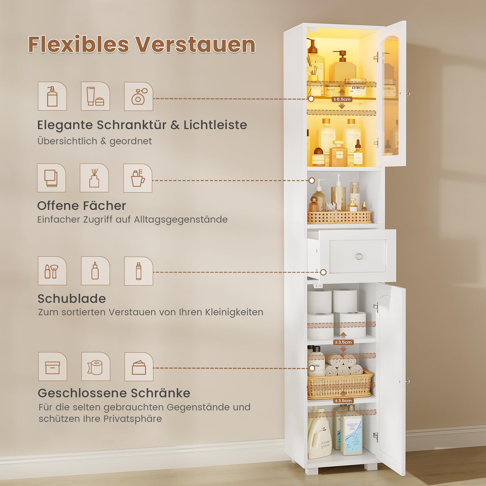 Badezimmerschrank, Badschrank Hochschrank mit LED Beleuchtung, verstellbare Ablagen, offenes Fach, Badezimmermöbel mit 2 Türen, Aufbewahrungsschrank für kleine Räume, 29.5x29.5x179 cm, Weiß