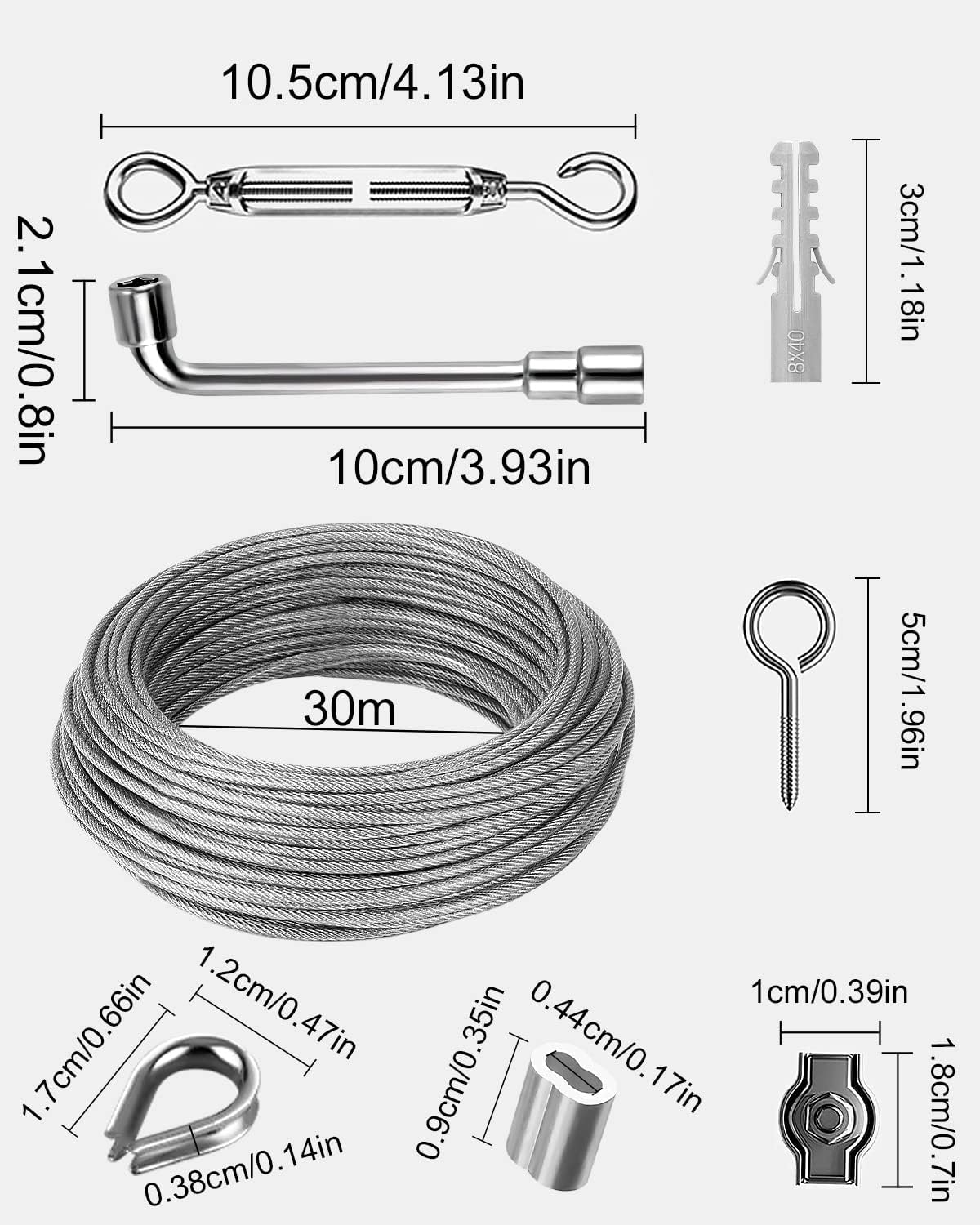30m Φ 3mm Stahlseil Kit, Drahtseil Spanndraht Edelstahl 304, Stahlseil Ummantelt mit ösen Seilspanngarnitur, Spannschloss, für gardinenseil, wäscheleinen, String Light Suspension