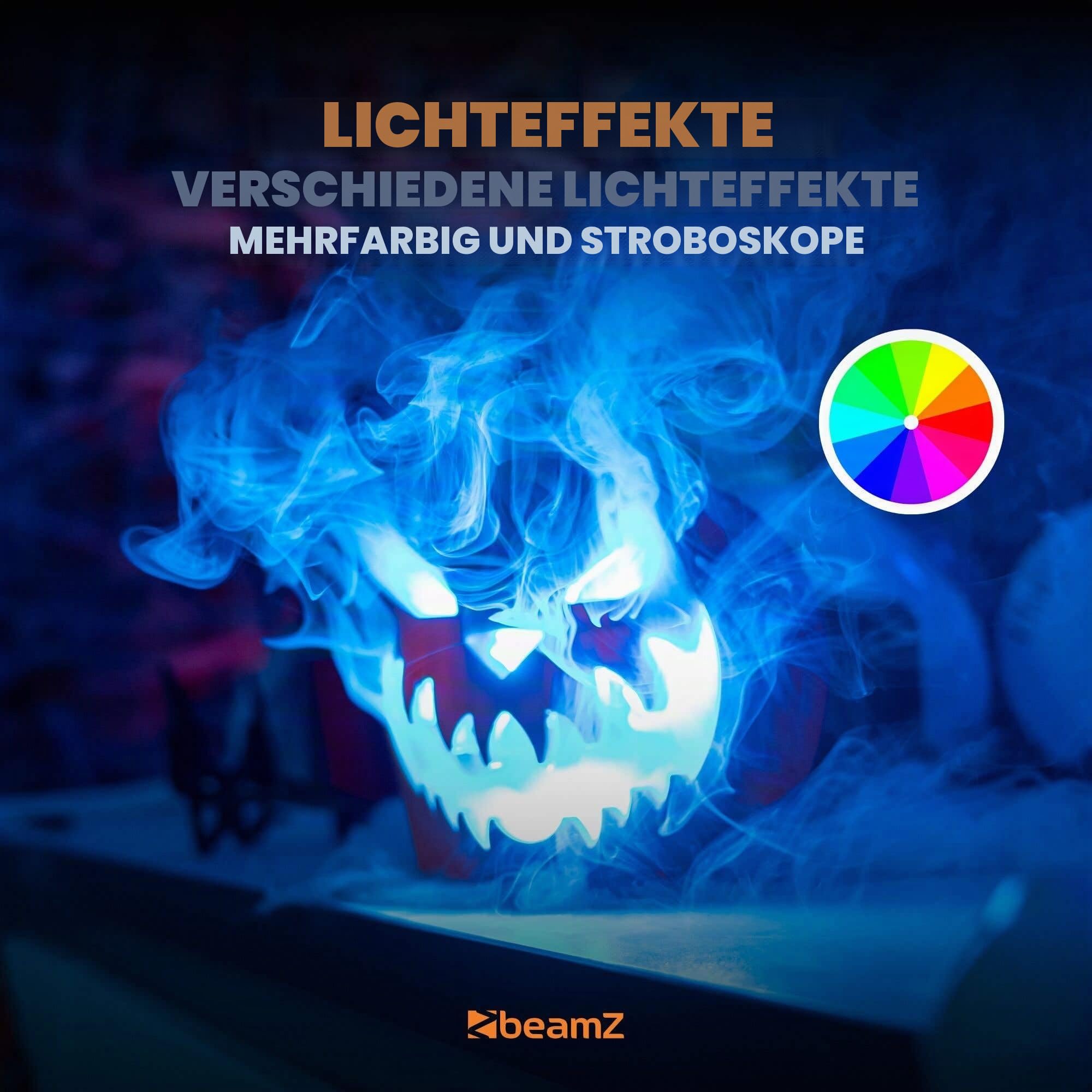 BeamZ S553L Nebelmaschine Halloween Deko mit LED Kürbis Kopf, 550 Watt Rauchmaschine mit Erdbeer Fluid und Reinigungsflüssigkeit, 2-in-1 mit Halloween Kürbis Deko 16 Farben, Soundeffekt