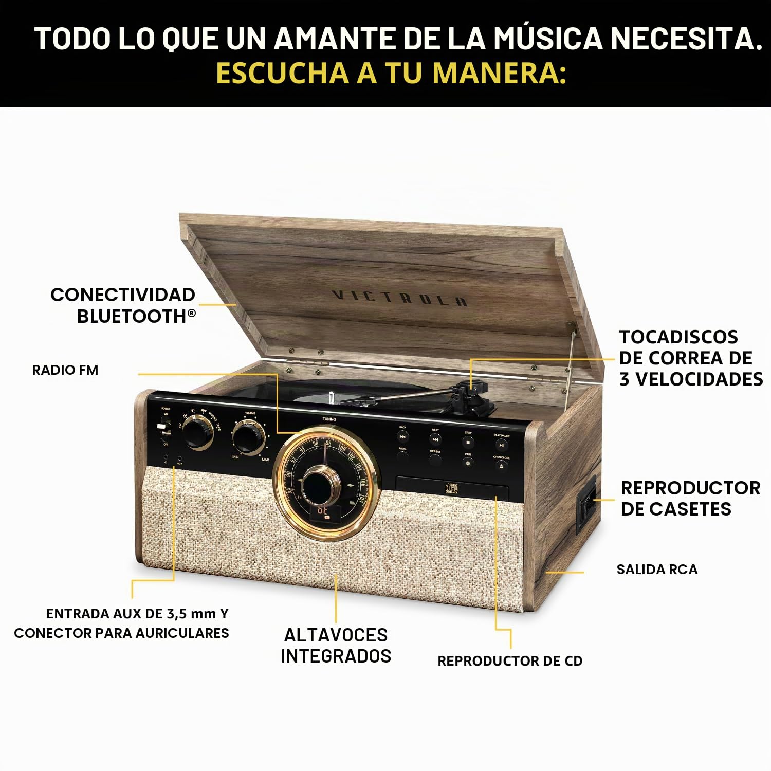 Victrola Empire – Tocadiscos Mid-Century 6 en 1 con Bluetooth, Radio, Casete, CD, Altavoces Integrados, Salida RCA y Entrada Auriculares (Nogal Farmhouse)